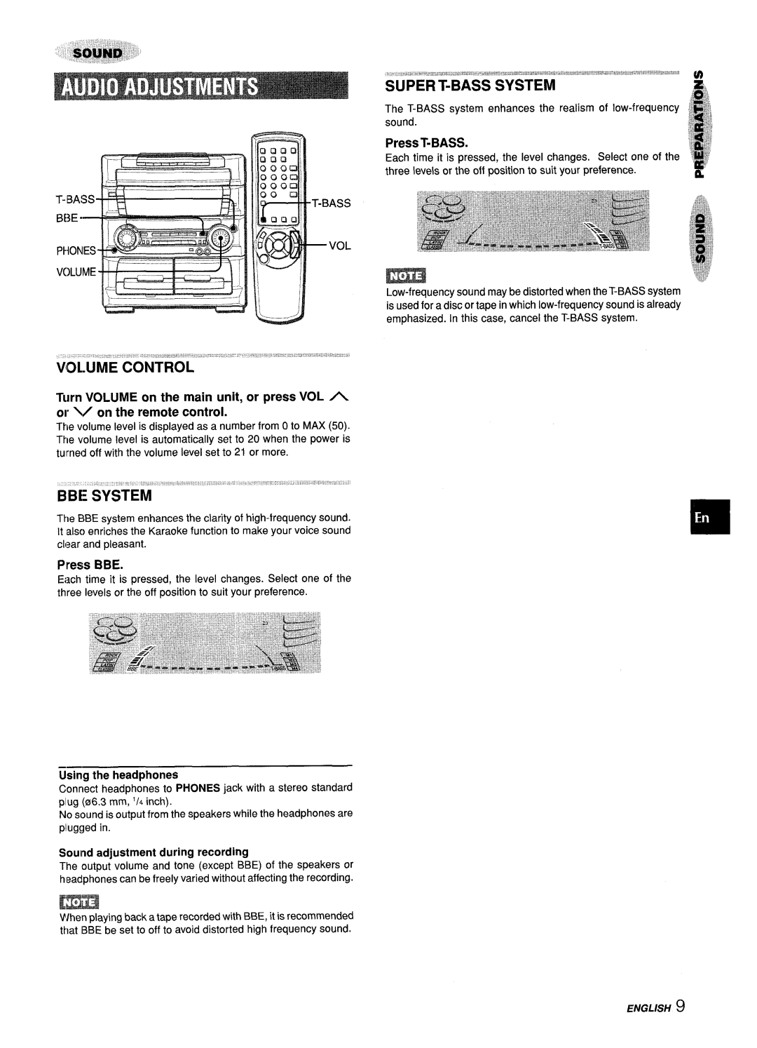 Aiwa Z-L70 manual Press T-BASS, 3,gg ~=.,r, Using the headphones, Sound adjustment during recording, English 