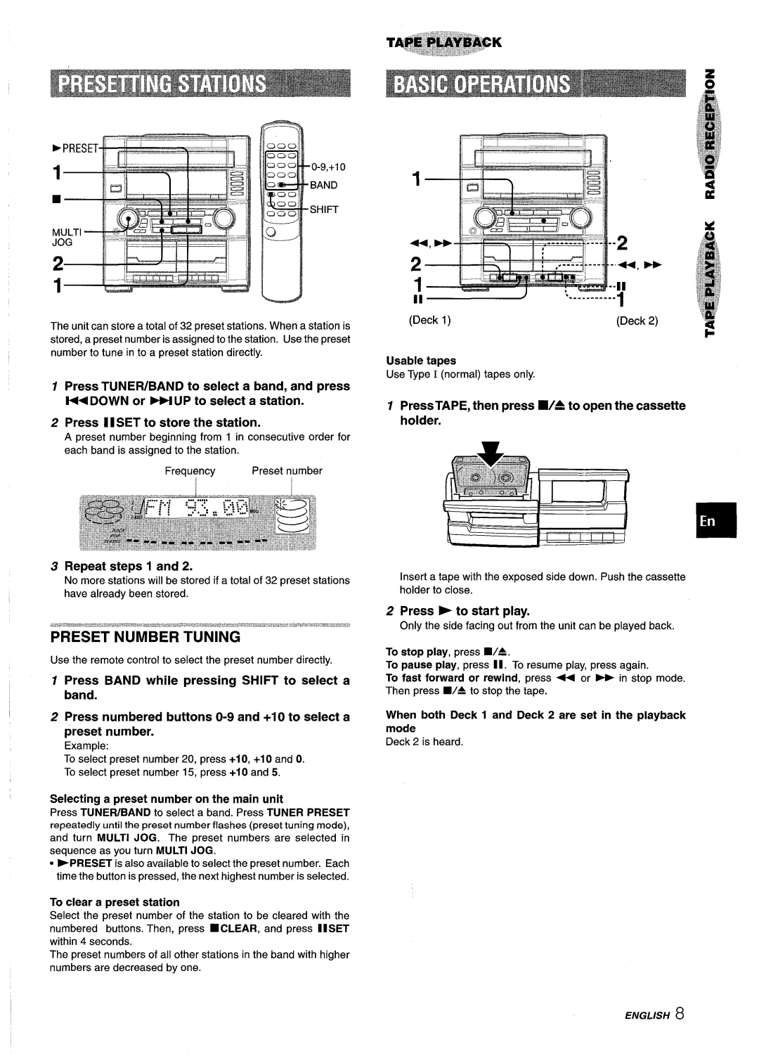 Aiwa Z-R555 Repeat steps 1, Selecting a preset number on the main unit, To clear a preset station, Ii ~, Usable tapes 