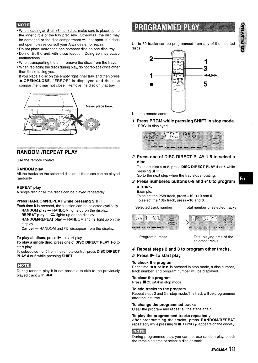 Aiwa Z-R555 manual Press Prgm while pressing Shift in stop mode, Press one of Disc Direct Play 1-5 to select a disc 