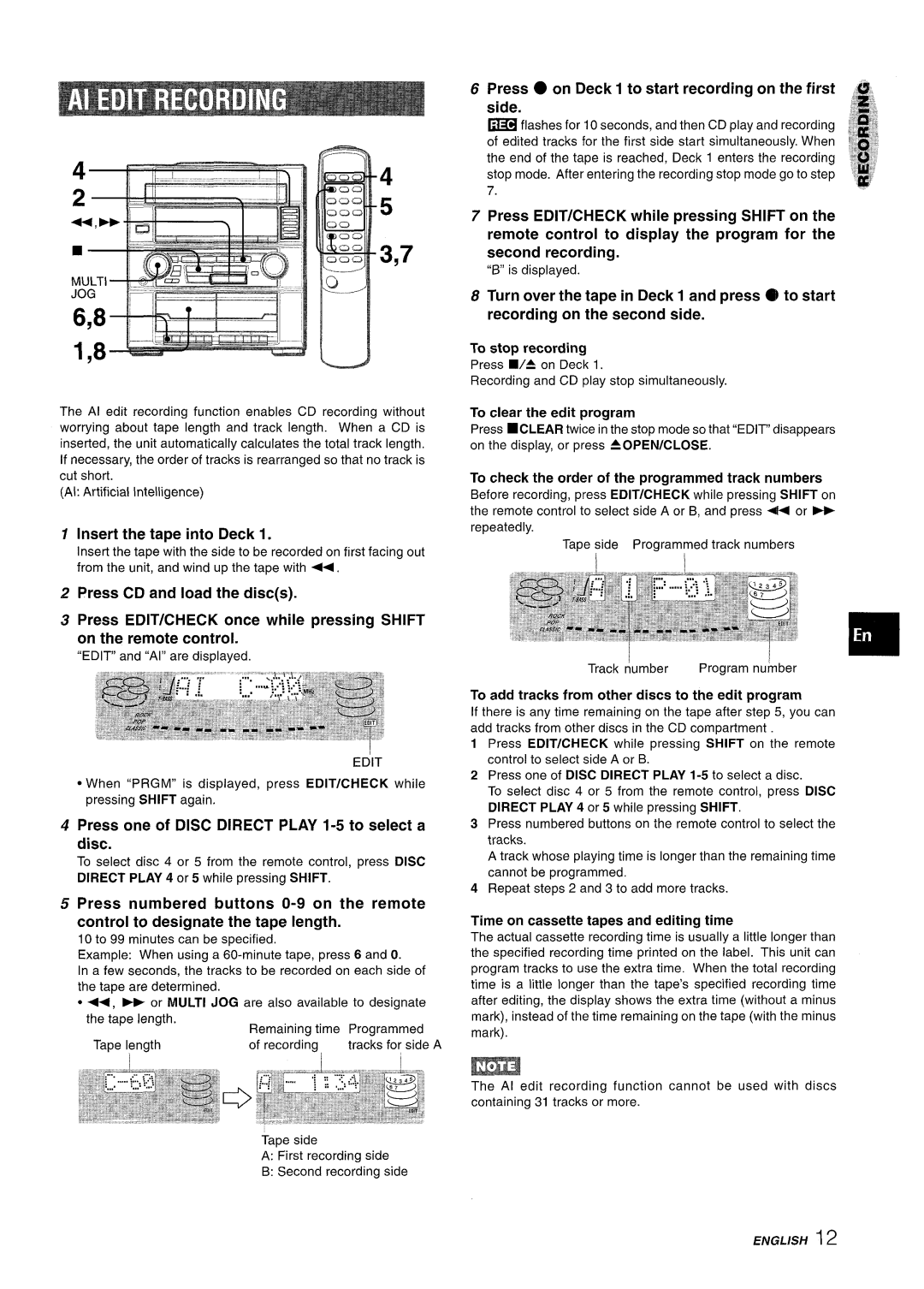 Aiwa Z-R555 Insert the tape into Deck, Press on Deck 1 to start recording on the first side, Press Numbered Buttons Remote 