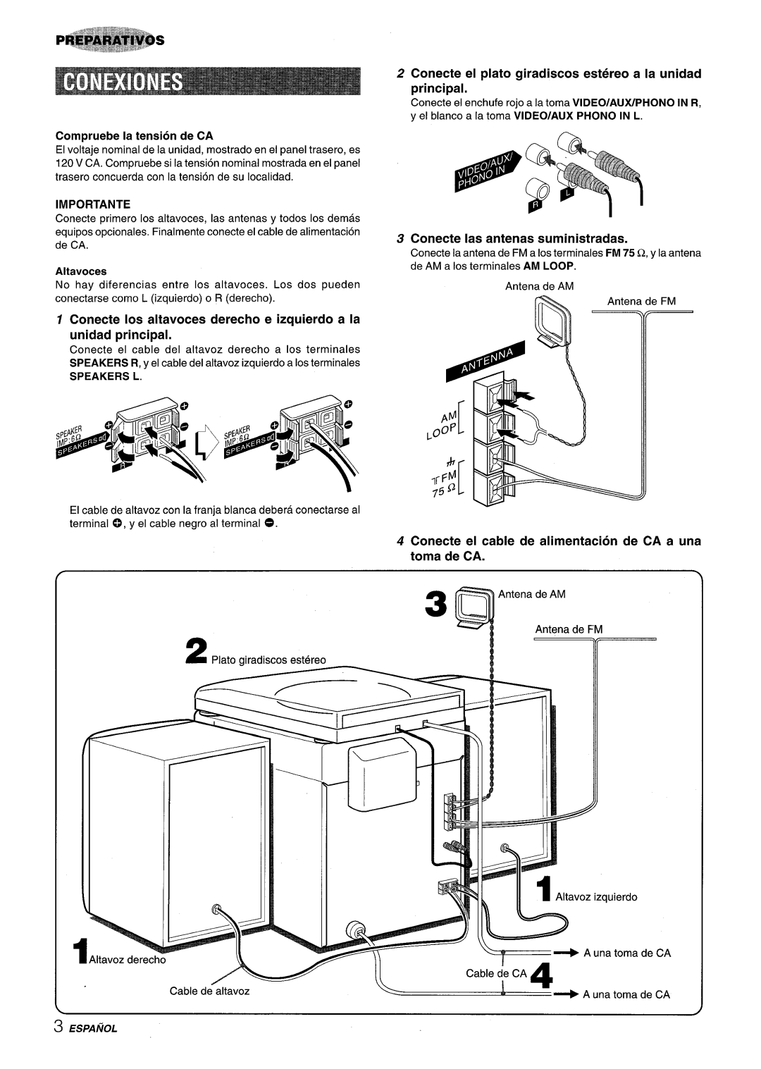 Aiwa Z-R555 manual Conecte Ias antenas suministradas, Conecte el cable de alimentacion de CA a una toma de CA, Importante 