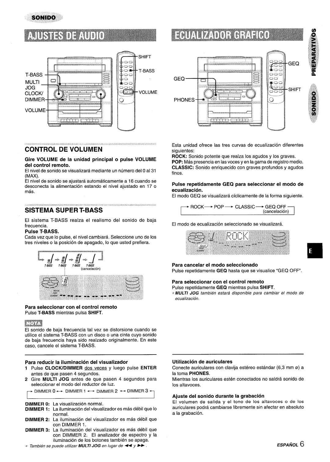 Aiwa Z-R555 manual Pulse T-BASS, Para reducir la iluminacion del visualizador, GEQ Shift Phones 