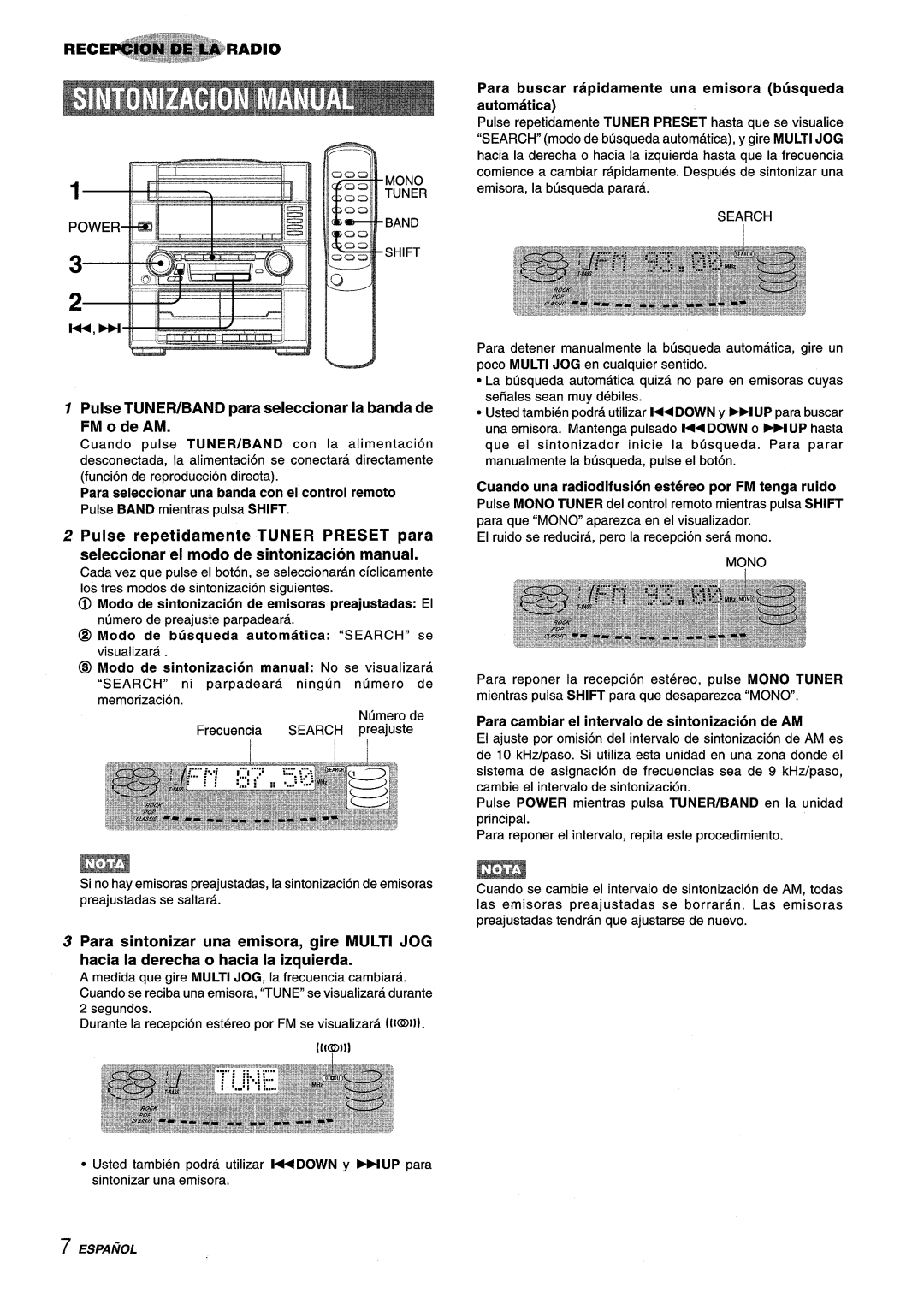 Aiwa Z-R555 Pulse Tunefuband para seleccionar la banda de FM ode AM, Para cambiar el intervalo de sintonizacion de AM 