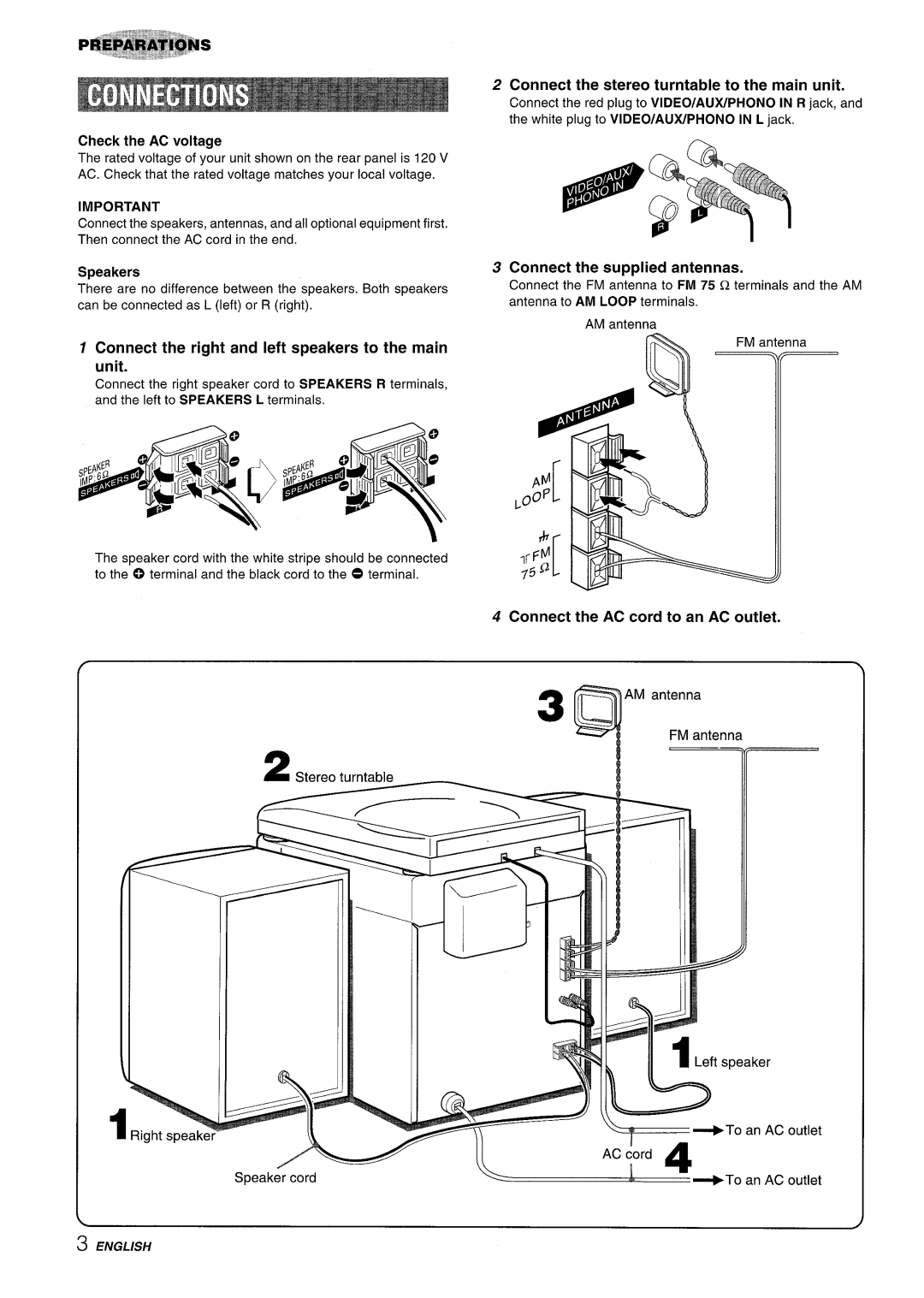 Aiwa Z-R555 Check the AC voltage, Connect the right and left speakers to the main unit, Connect the supplied antennas 