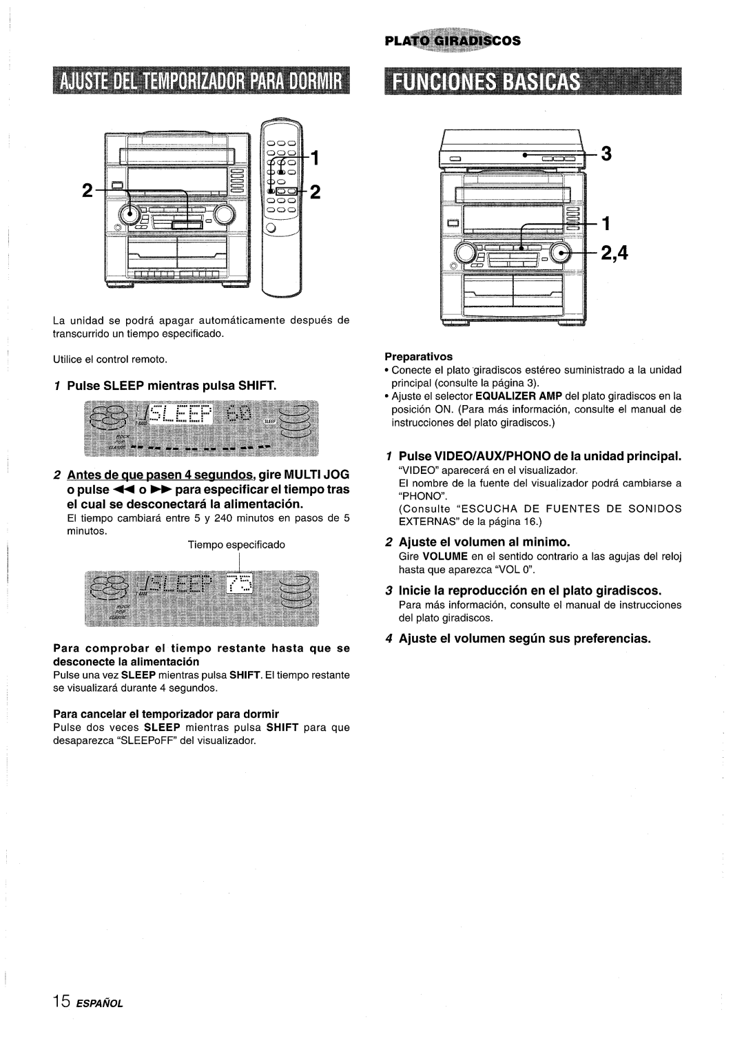 Aiwa Z-R555 manual Pulse Sleep mientras pulsa Shift Preparatives, Pulse VIDEO/AUX/PHONO de la unidad principal 