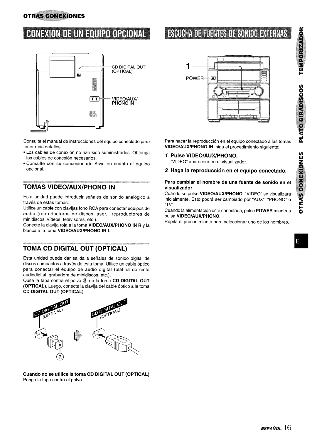 Aiwa Z-R555 manual Pulse VIDEO/AUX/PHONO, Cuando no se utilice la toma CD Digital OUT Optical 