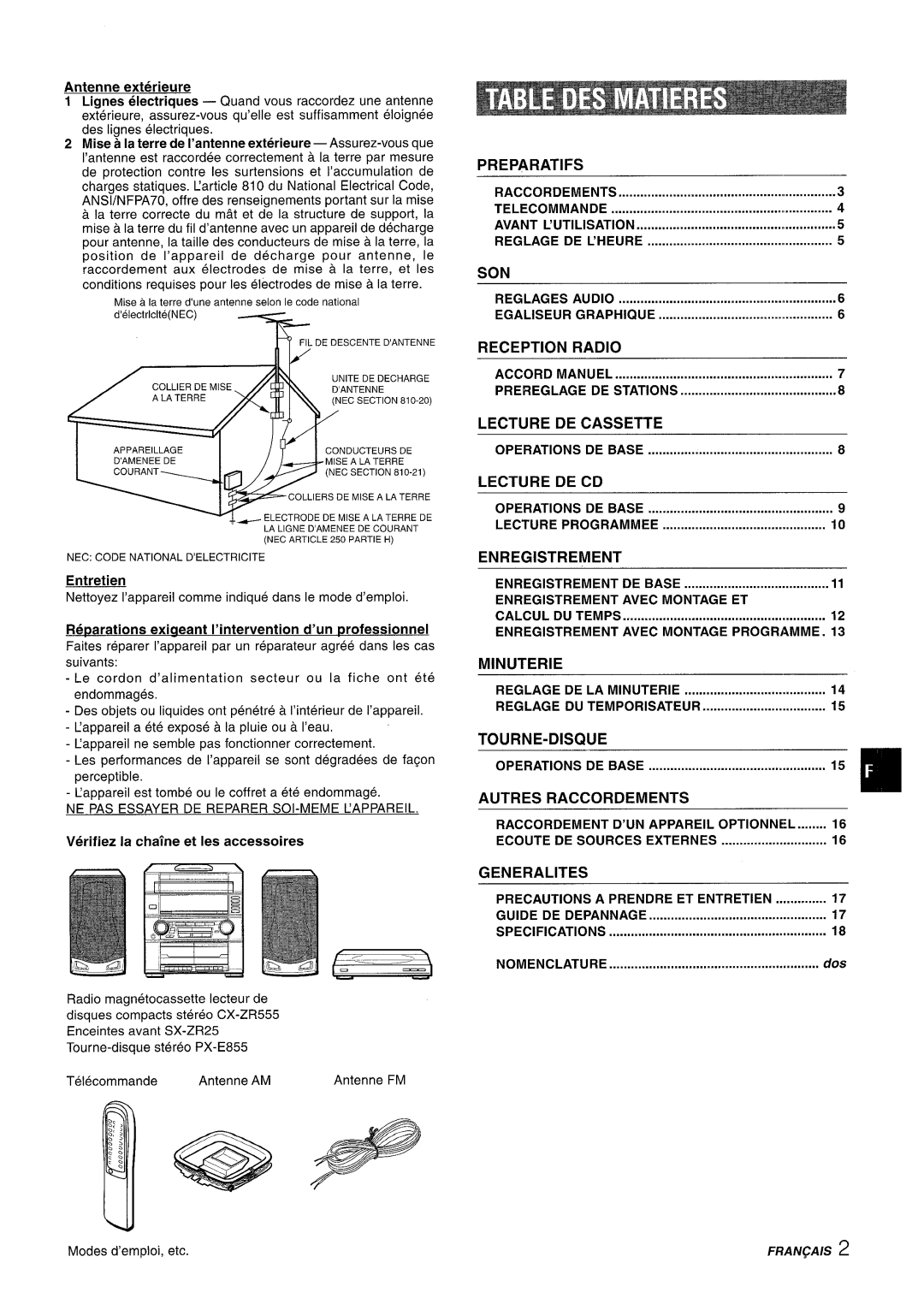 Aiwa Z-R555 manual Antenne exterieure, Re~arations exiaeant I’intervention d’un rxofessionnel 