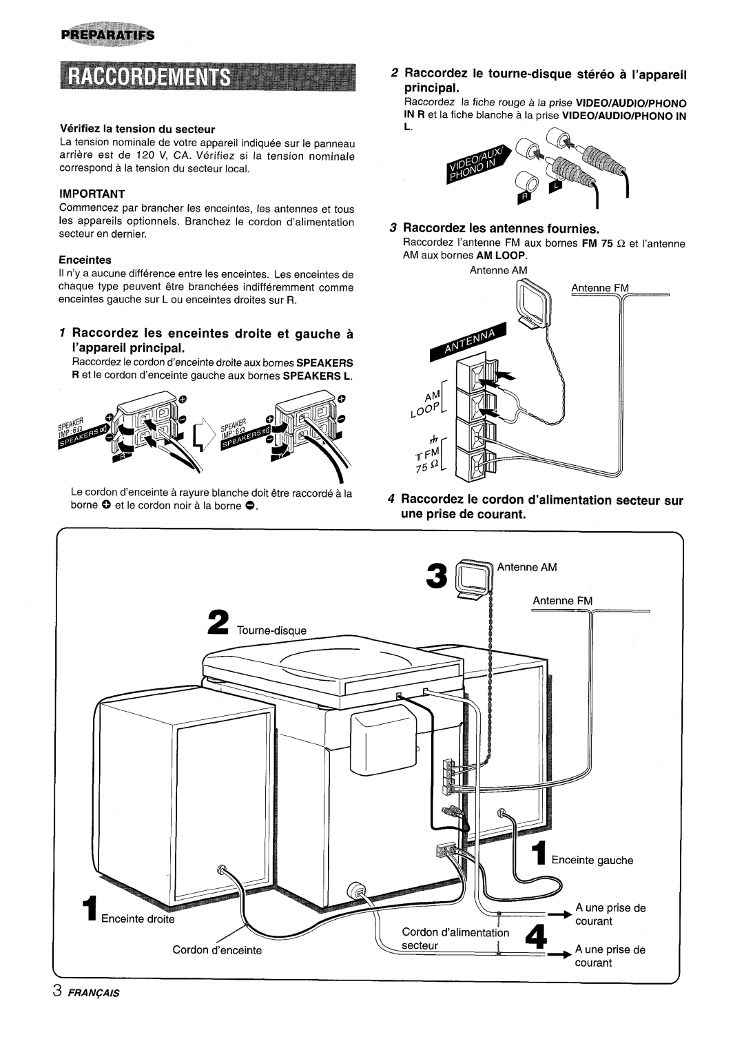 Aiwa Z-R555 manual Verifiez la tension du secteur, Enceintes, Raccordez Ie tourne-disque stereo a I’appareil principal 