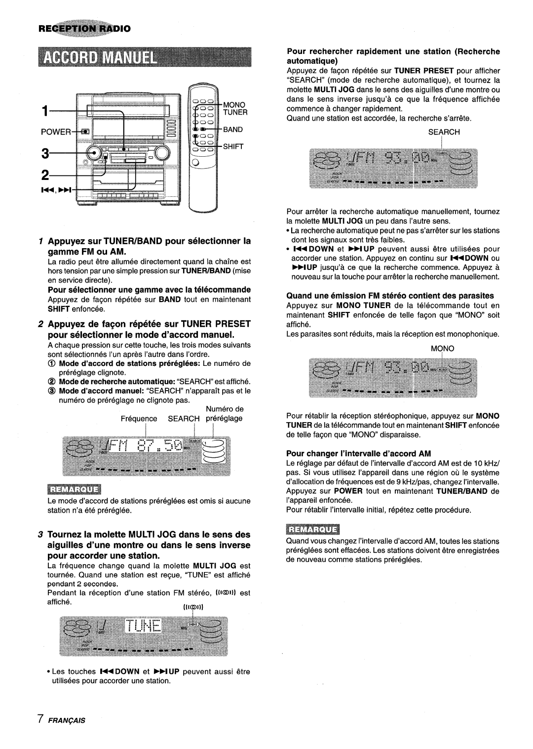 Aiwa Z-R555 manual Appuyez sur Tunewband pour selectionner la gamme FM ou AM, Mono Tuner Band Shift 