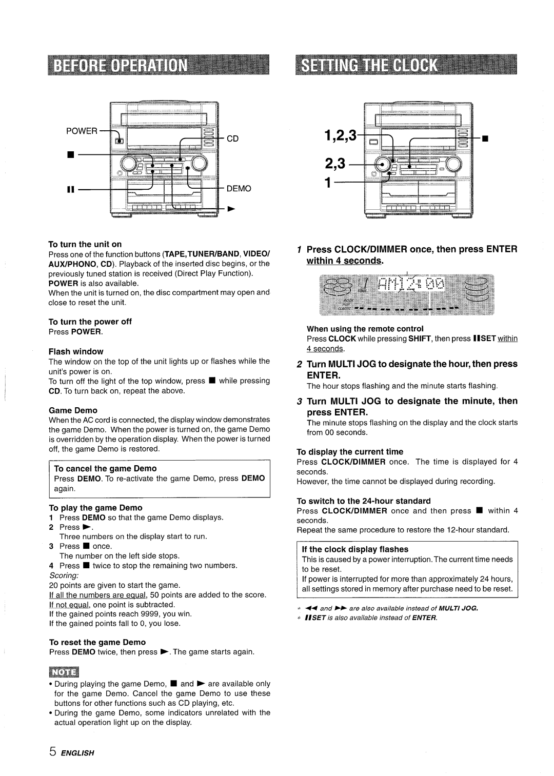 Aiwa Z-R555 manual To turn the unit on, Press CLOCtVDIMMER once, then press Enter within 4 seconds 