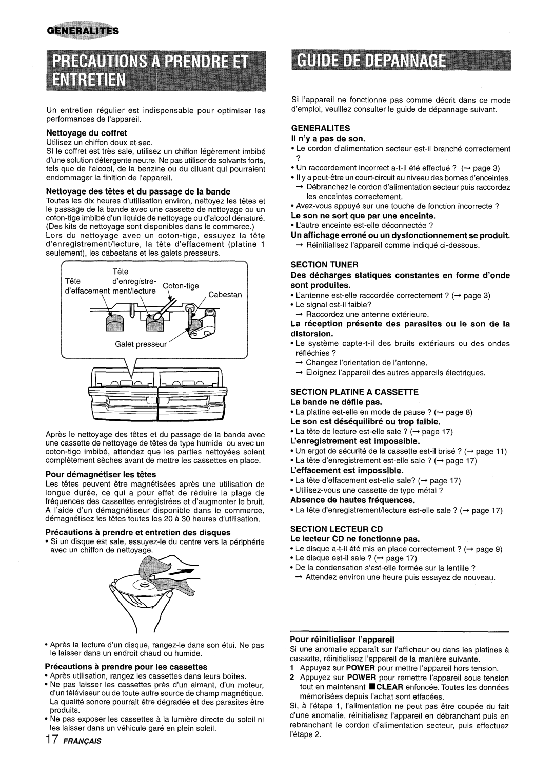 Aiwa Z-R555 manual Generalities, Section Tuner, Section Platine a Cassette, Section Lecteur CD 