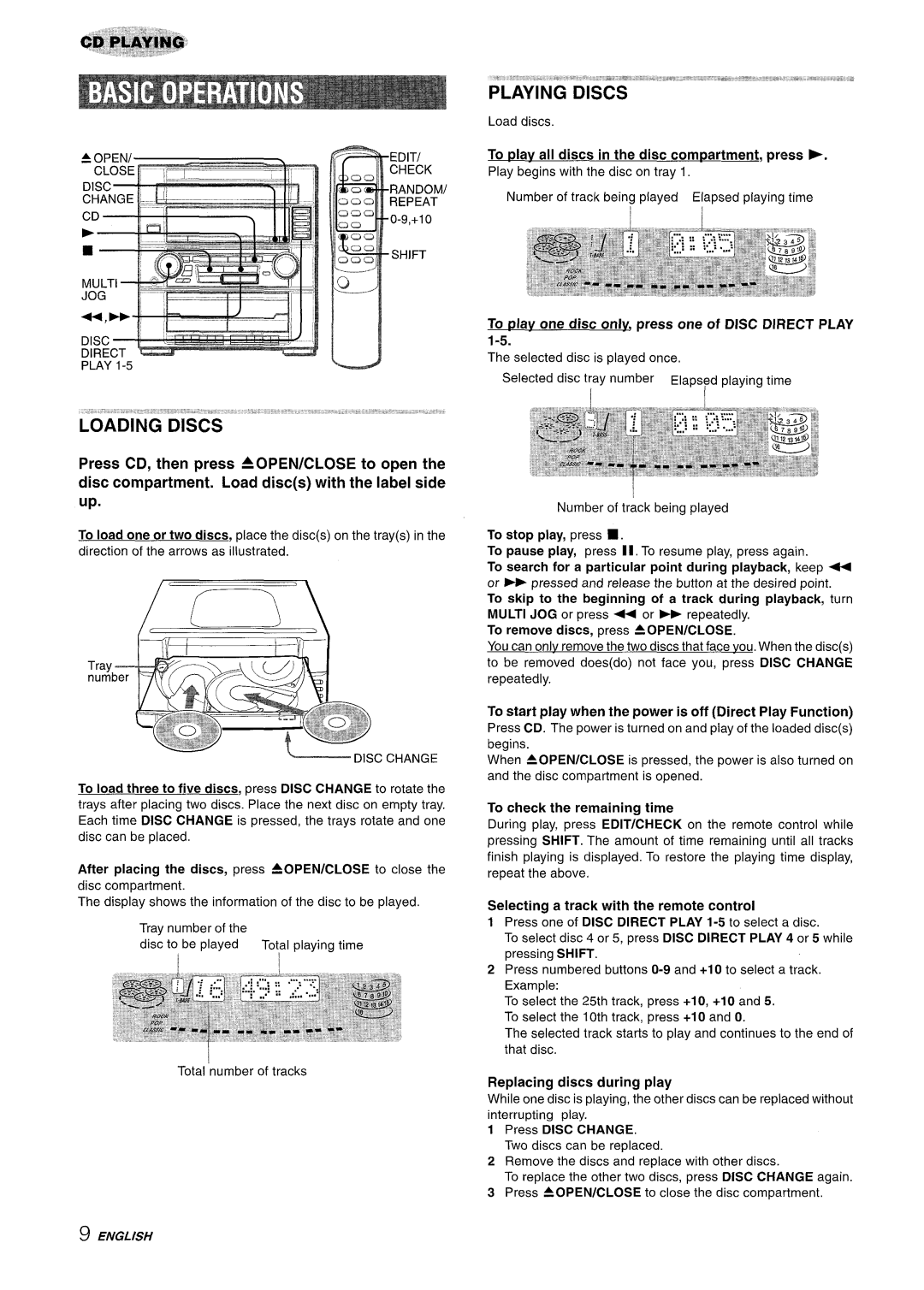 Aiwa Z-R555 manual To play one disc onl~ press one of Disc Direct Play, To stop play, press, To check the remaining time 