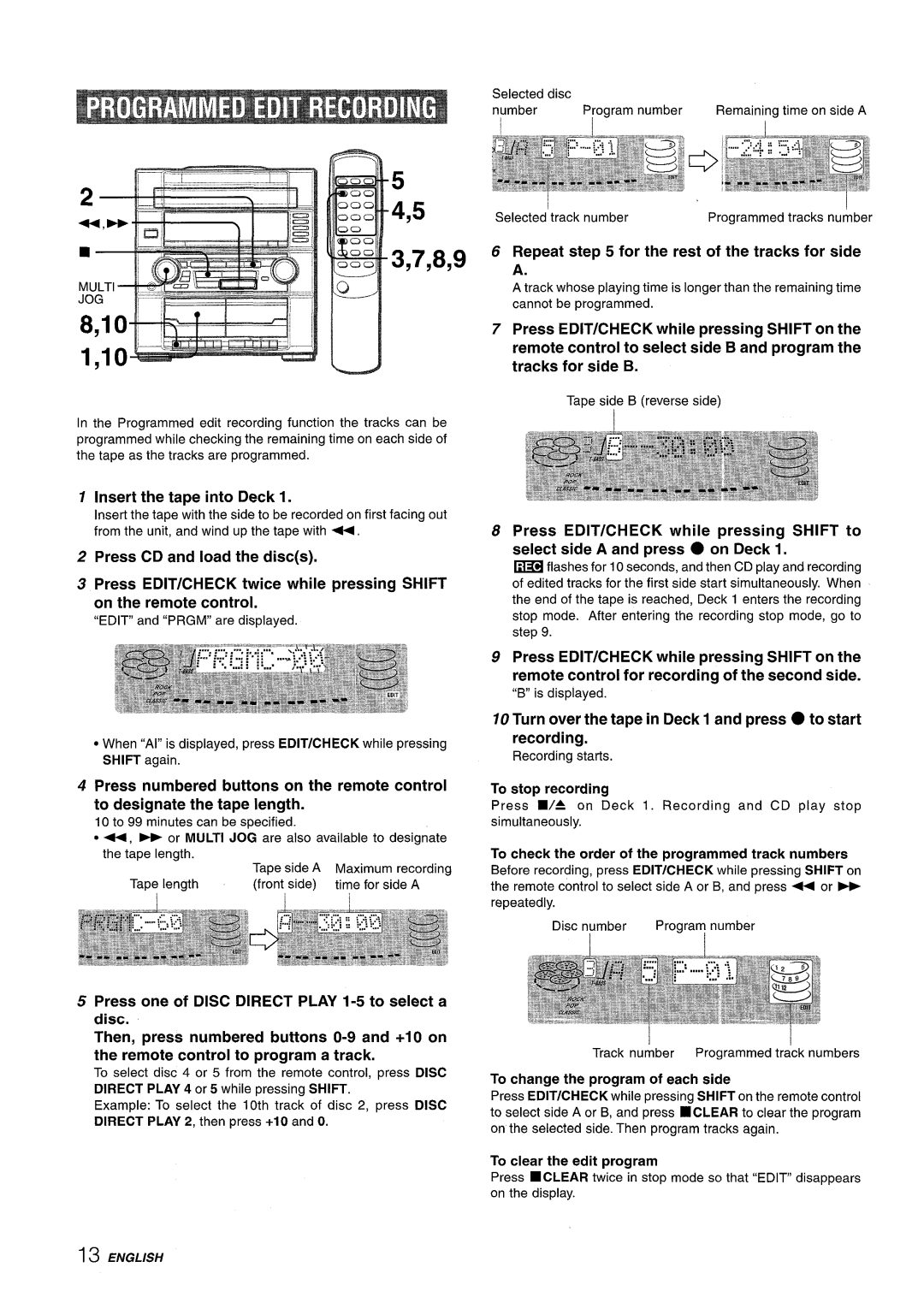Aiwa Z-R555 4,5 3,7,8,9, Press EDIT/CHECK twice while pressing SHIFT on the remote control, Insert the tape into Deck 