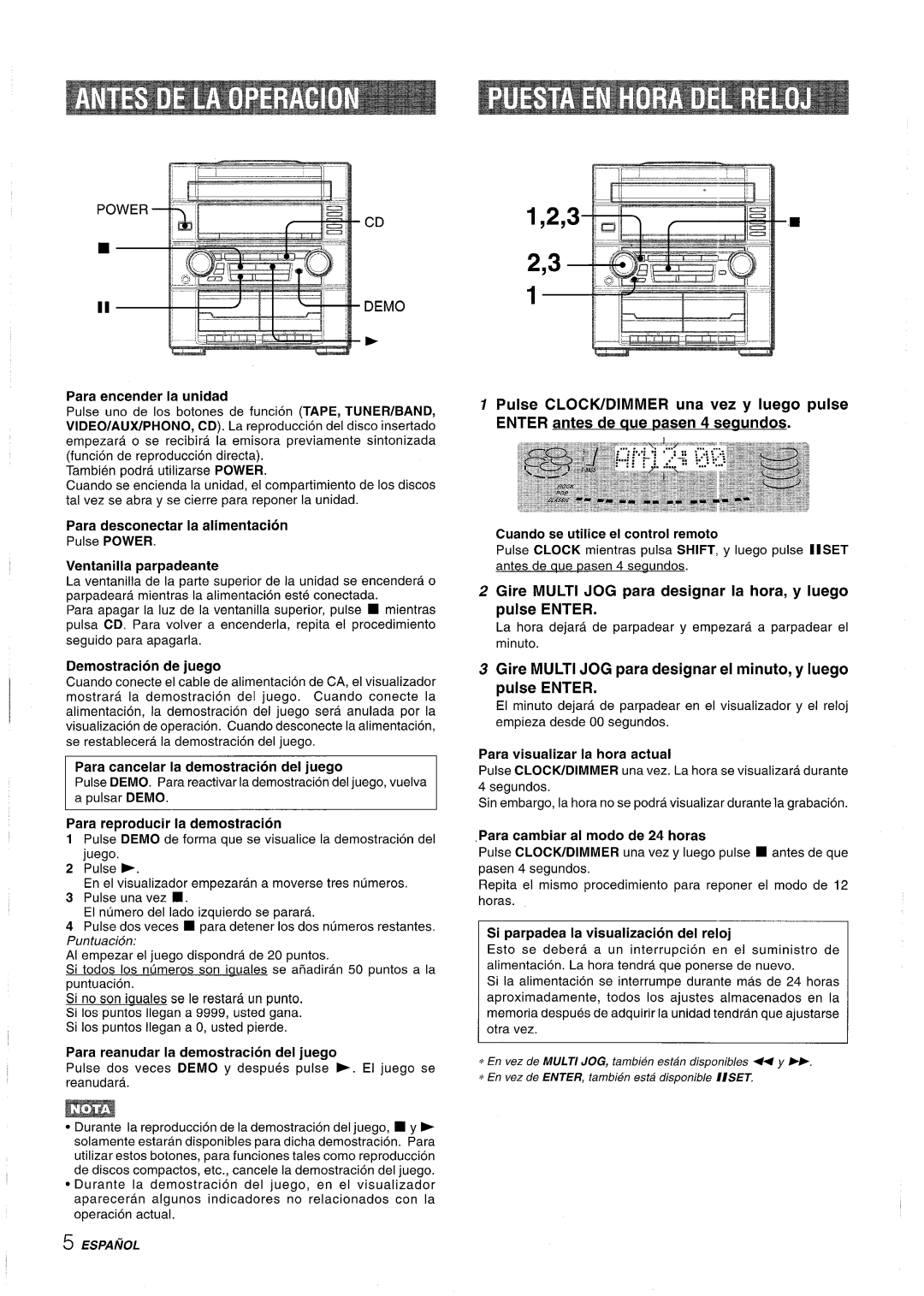 Aiwa Z-R555 manual Para encender la unidad, Para desconectar la alimentacion, Ventanilla parpadeante, Demostracion de juego 