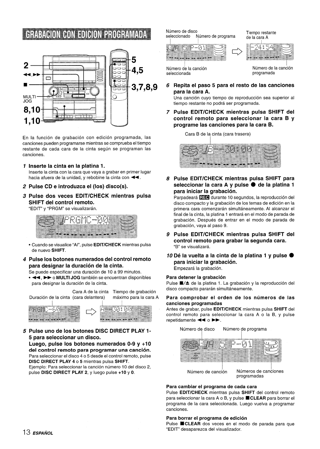 Aiwa Z-R555 manual 8,10, Pulse EDIT/CHECK mientras pulsa SHIFT del, Pulse CD e introduzca el Ios discos 