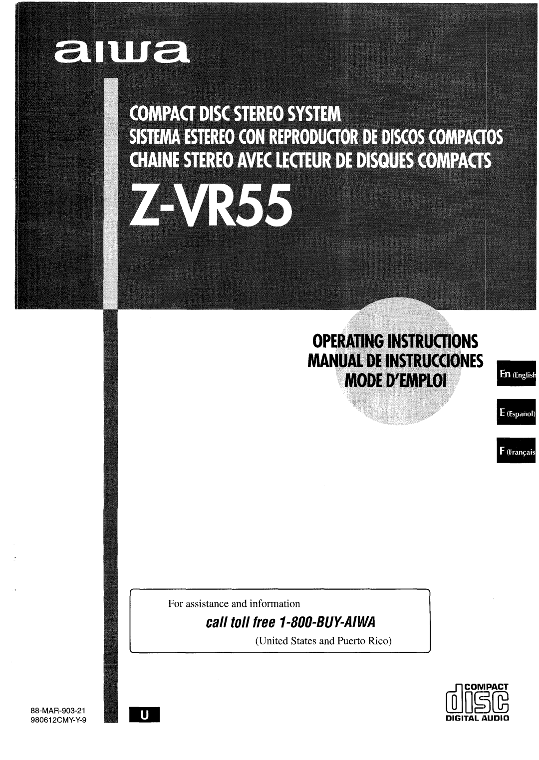 Aiwa Z-VR55 manual MAR-903-21 98061 2CMY-Y-9, Digital Audio 