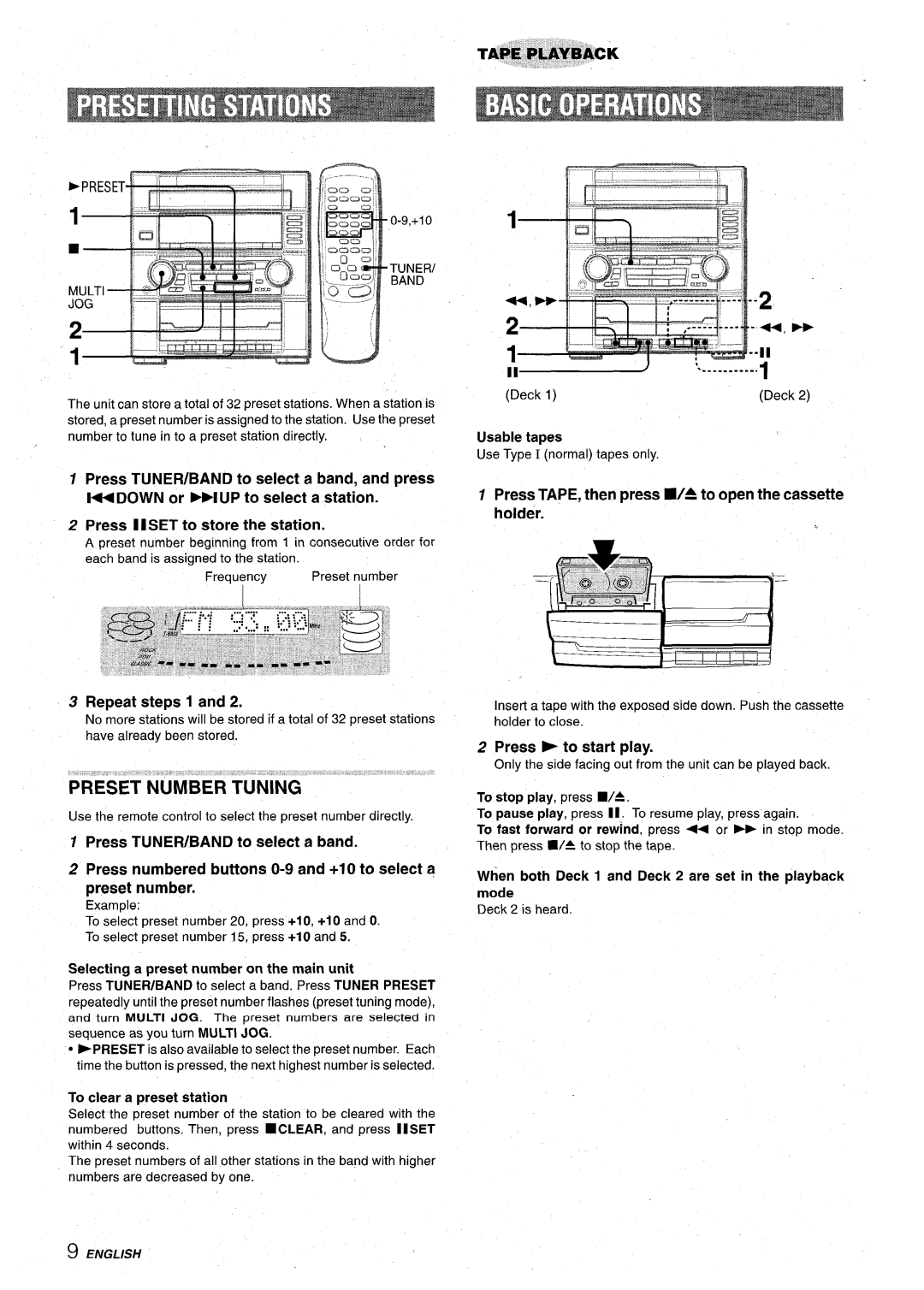 Aiwa Z-VR55 manual Repeat steps 1, Usable tapes, Press TAPE, then press W= to open the cassette holder, Press to start play 