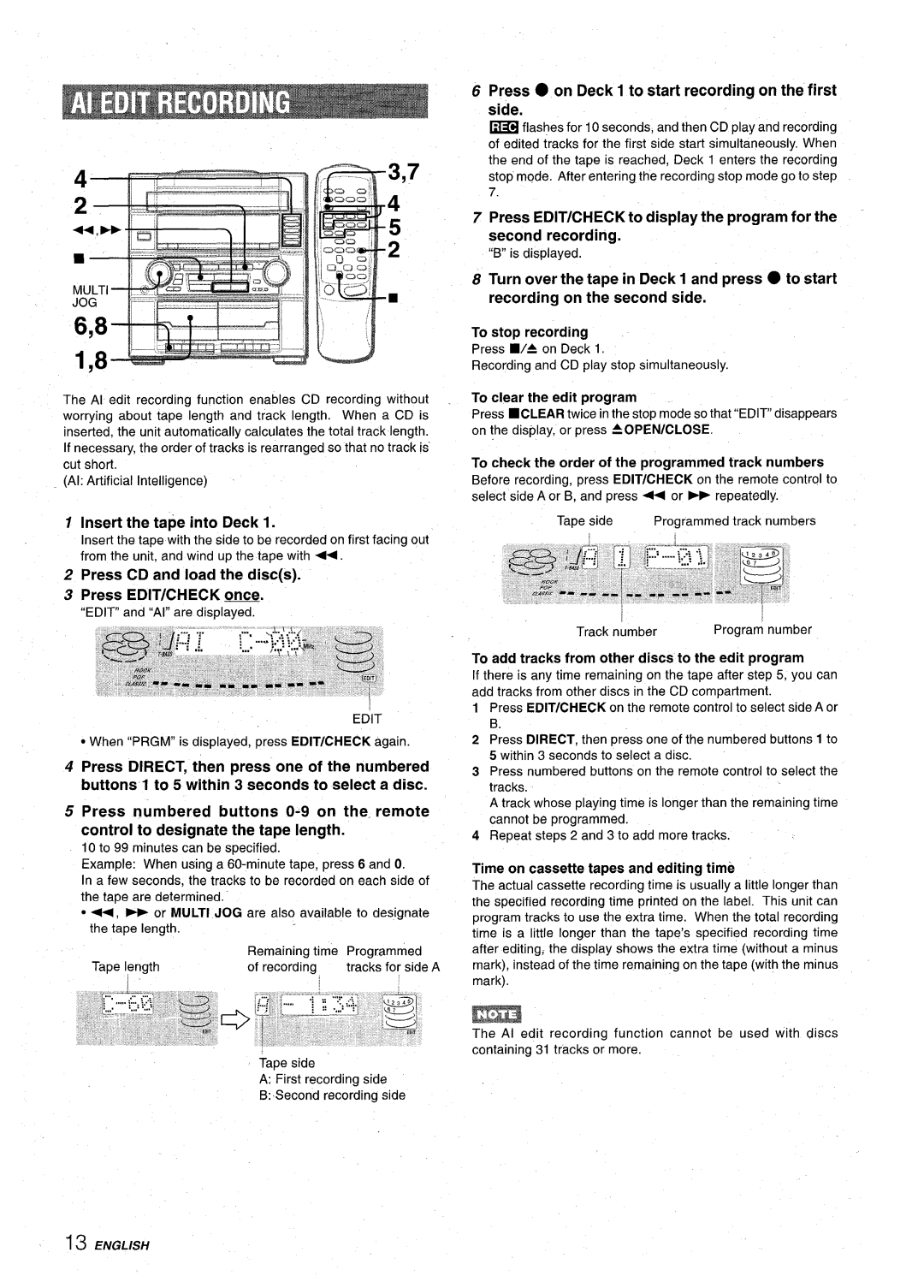 Aiwa Z-VR55 manual Insert the tape into Deck, Press CD and load the discs Press EDIT/CHECK m, To stop recording 