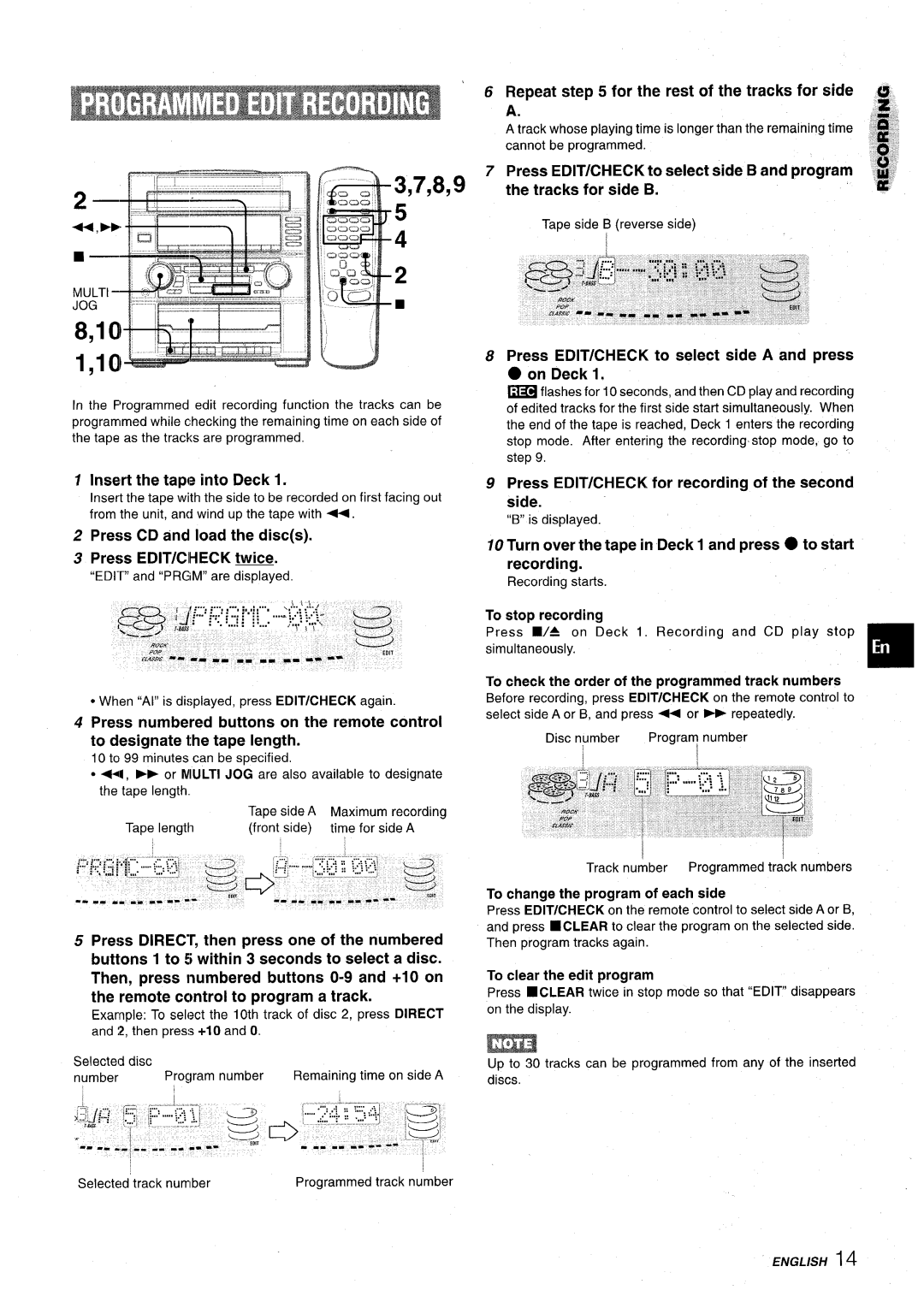 Aiwa Z-VR55 manual Press CD and load the discs Press EDIT/CIHECK twice, Repeat for the rest of the tracks for side c1 a 