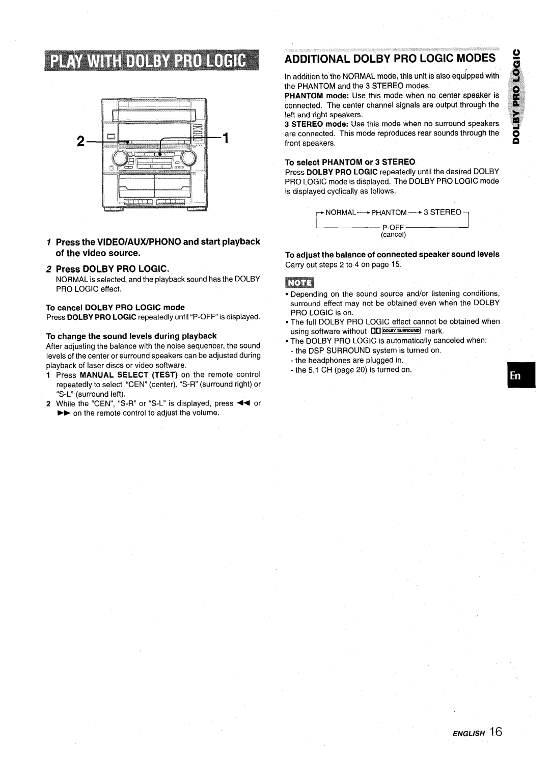 Aiwa Z-VR55 manual Additional Dolby PRO Logicmodes, To select Phantom or 3 Stereo 