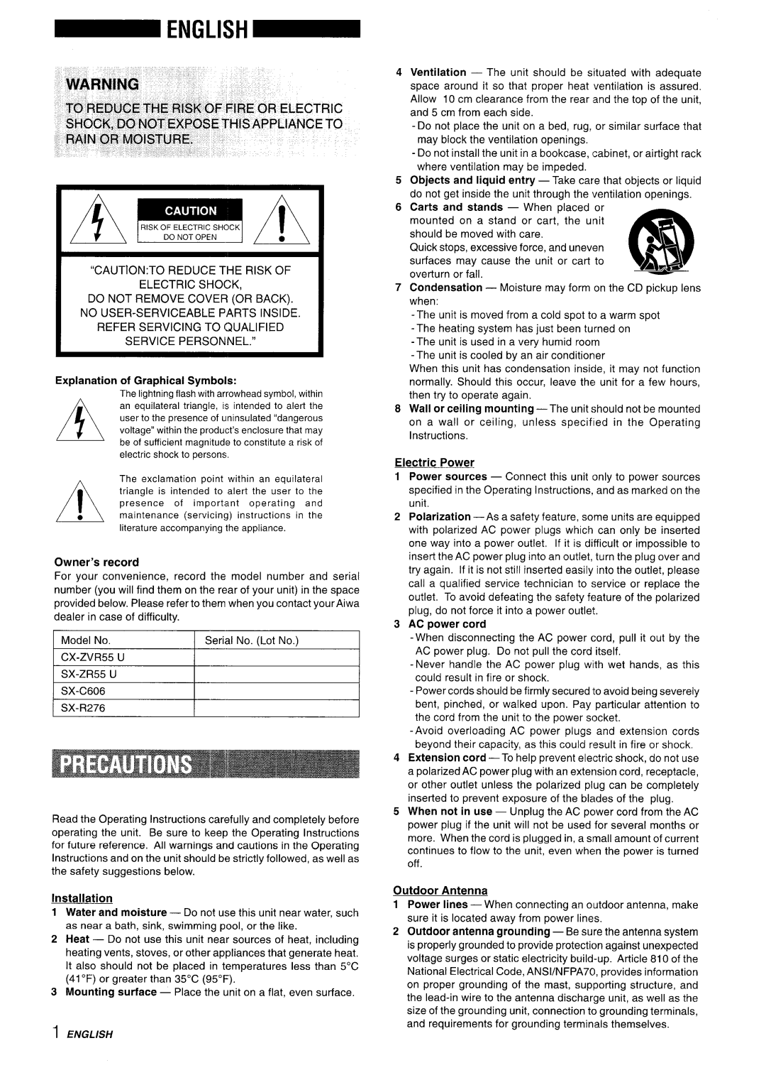 Aiwa Z-VR55 Explanation Graphical Symbols, Electric Power, Owner’s record, Installation, AC power cord, Outdoor Antenna 