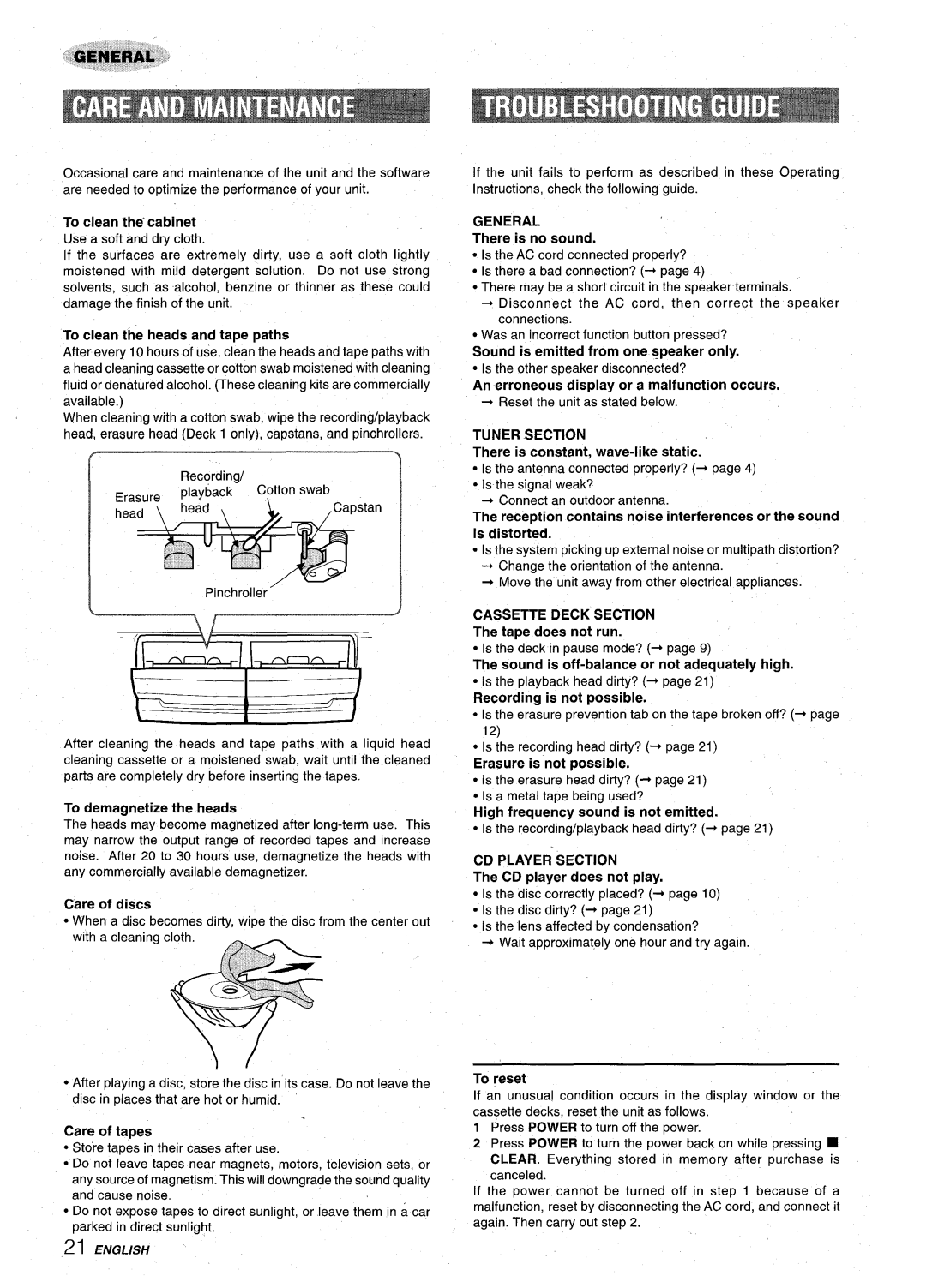 Aiwa Z-VR55 manual To clean the’ cabinet, There is no sound, Sound is emitted from one speaker only, Tape does not run 