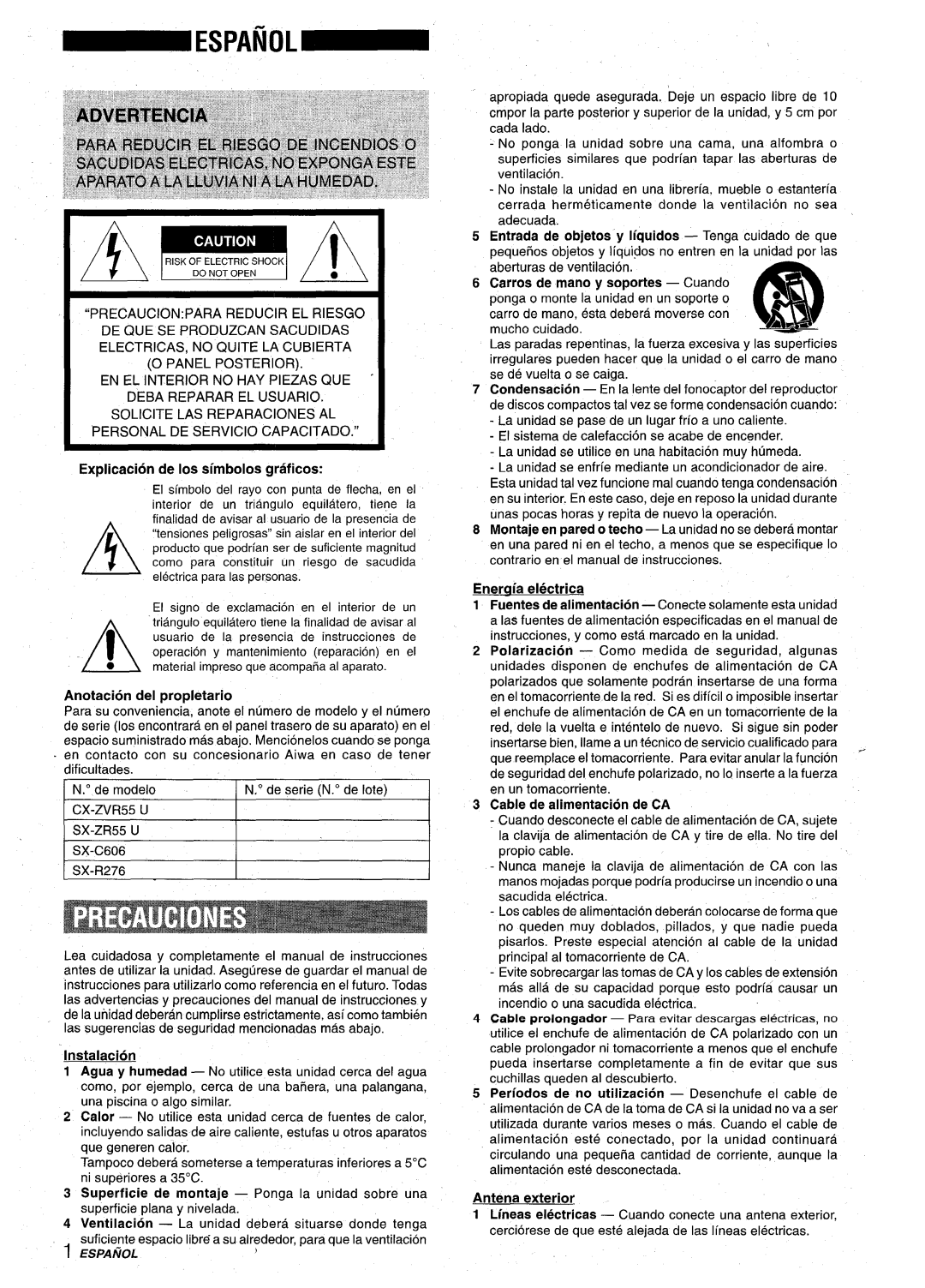 Aiwa Z-VR55 manual Riskofelectricshock, Explication de Ios simbolos graficos, Anotacion del propletario, Eneraia electrica 