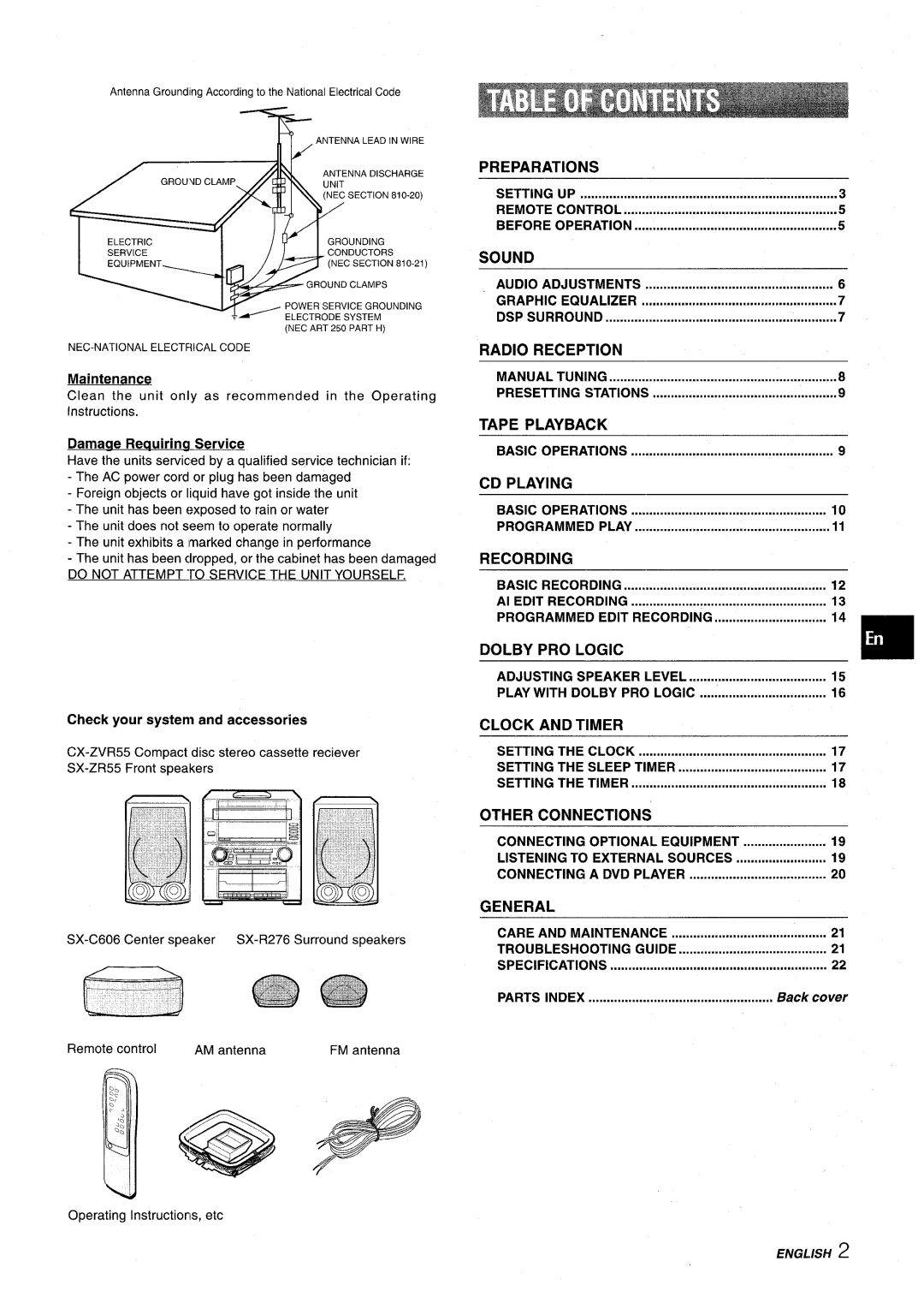 Aiwa Z-VR55 Preparations, Sound, Radio Reception, Tape Playback, CD Playing, Recording, Dolby PRO Logic, Clock and Timer 