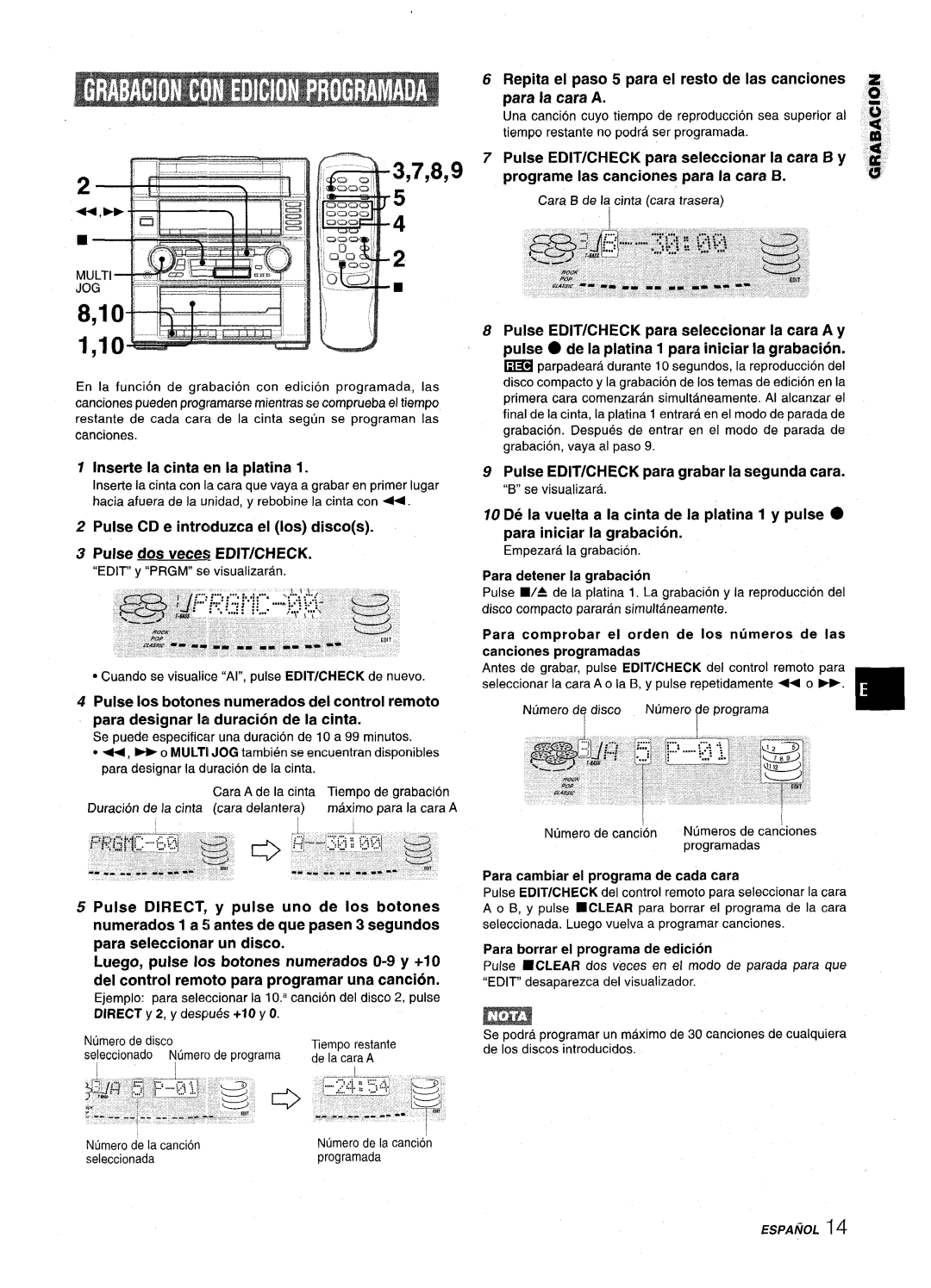 Aiwa Z-VR55 Para designar ISIduration de la cinta, Pulse EDIT/CHECK para grabar la segunda cara, Para detener la grabacion 