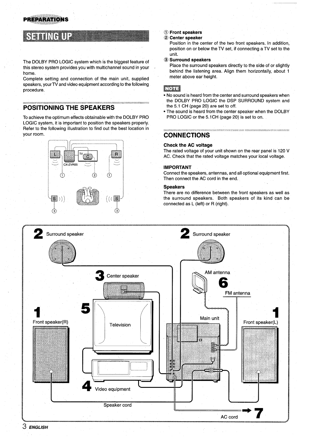 Aiwa Z-VR55 manual Positioning the Speakers, ~ Front speakers @ Center speaker, @ Surround speakers, Check the AC voltage 