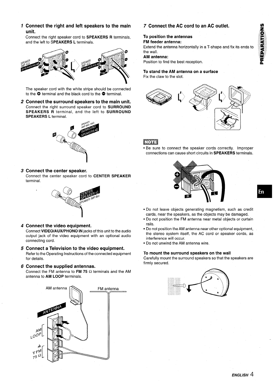 Aiwa Z-VR55 manual Connect the right and left speakers to the main unit, Connect the slurround speakers to the main unit 