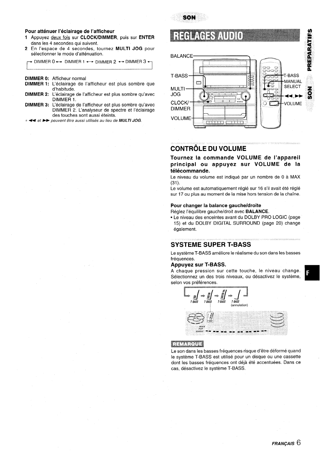 Aiwa Z-VR55 manual Controle DU Volume, Systeme Super T-BASS, Appuyez sur T-BASS, Pour attenuer I’eclairage de I’afficheur 