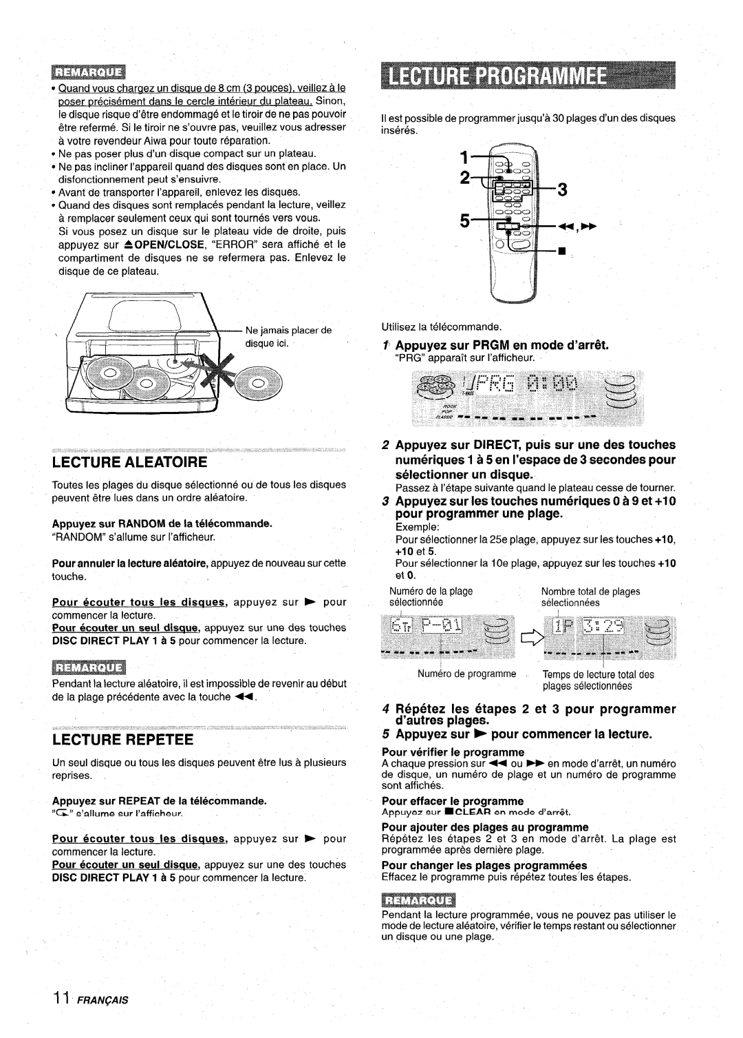 Aiwa Z-VR55 Lecture Aleatoire, Lecture Repetee, Appuyez sur RANDOMde la telecommande, ’Appuyez sur Prgm en mode d’arri% 