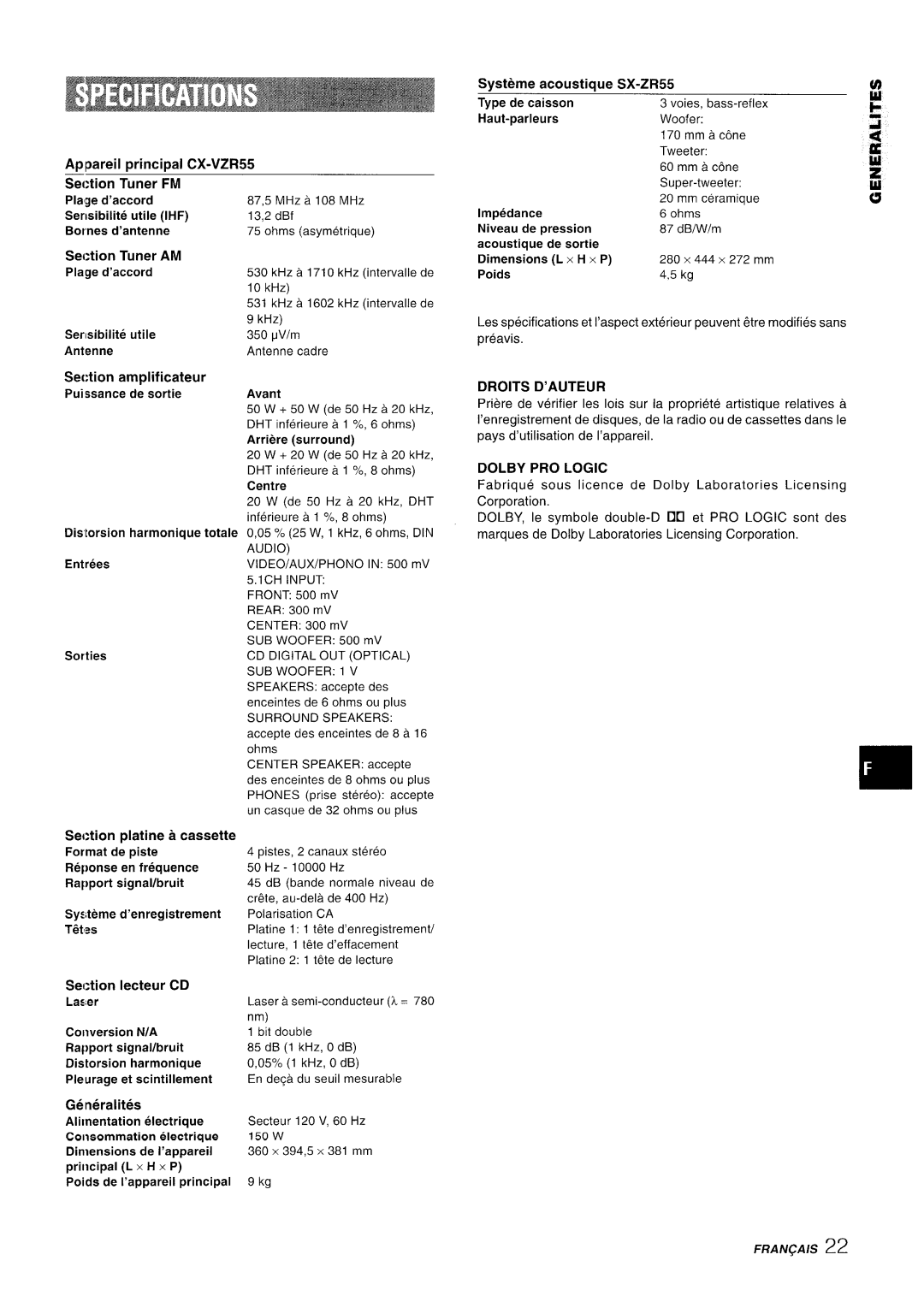 Aiwa Z-VR55 manual Droits D’AUTEUR 