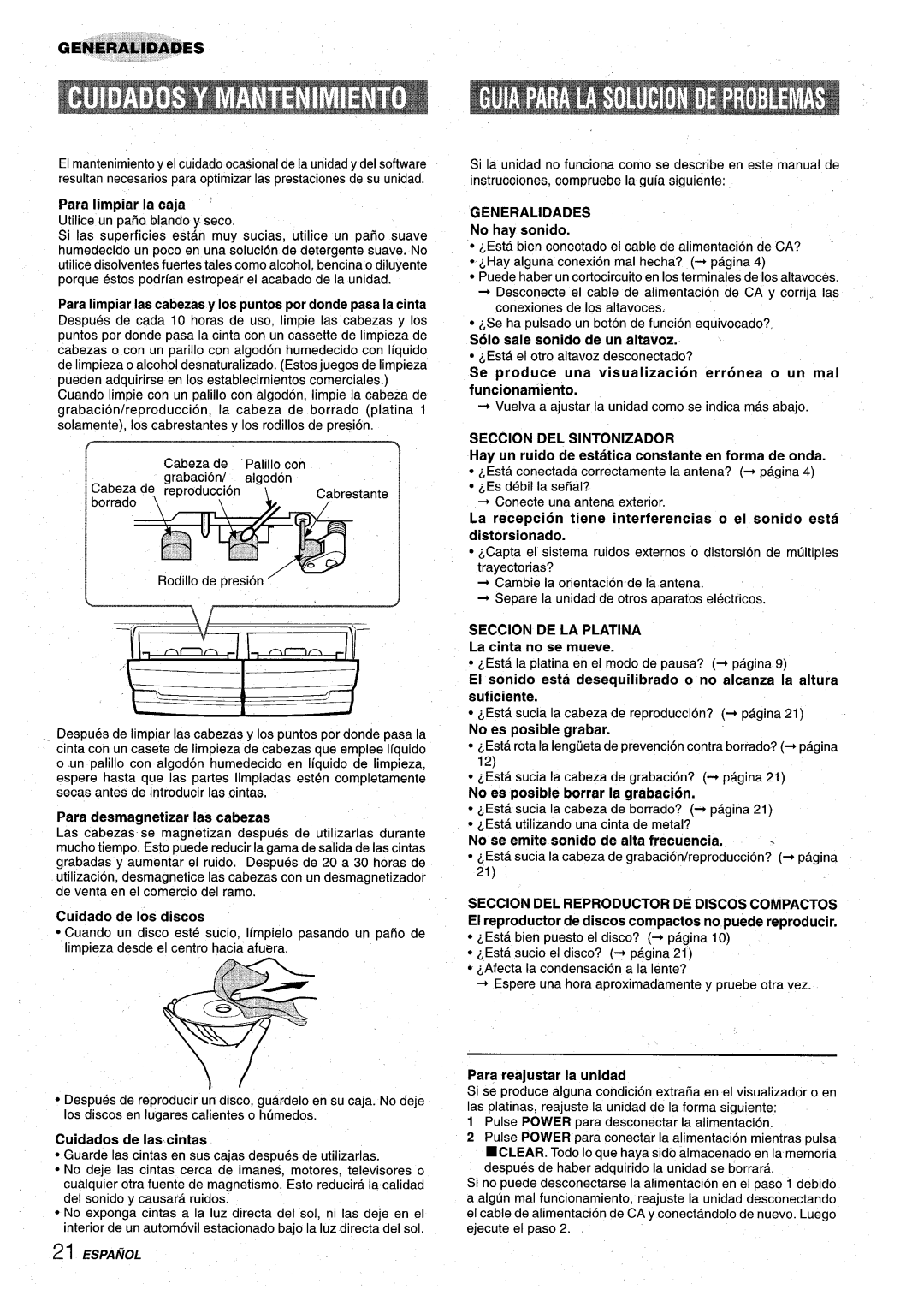 Aiwa Z-VR55 manual Gm#i&iiuiiM4$Es ’, Para desmagnetizar Ias cabezas, GENERALIDADES No hay sonido, Seccion De La Platina 