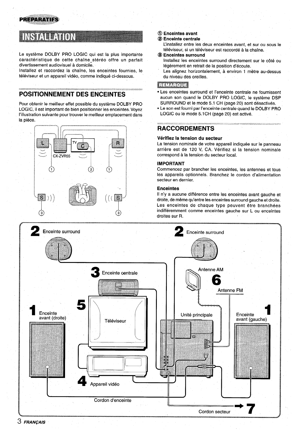 Aiwa Z-VR55 manual Positionnement Des Enceintes, @ Enceintes surround, l!,@f ‘, Verifiez la tension du secteur 