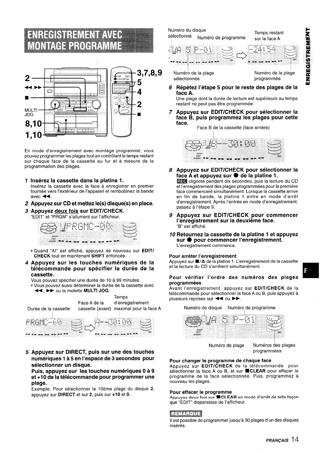 Aiwa Z-VR55 manual 1,10u, Inserez la cassette clans la platine, Appuyez deux fois sur EDIT/CHECK, 3,7,8,9, 8,10 