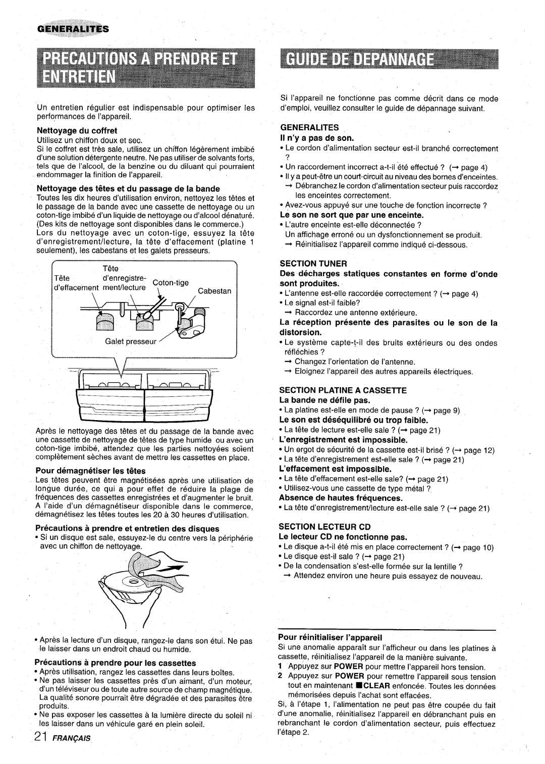 Aiwa Z-VR55 manual Nettoyage des t~tes et du passage de la bande, Pour demagnetiser Ies t~tes, II n’y a pas de son 