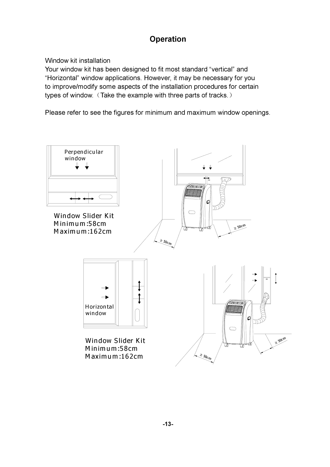 Akai AC-ZP112 manual Window Slider Kit Minimum58cm Maximum162cm 