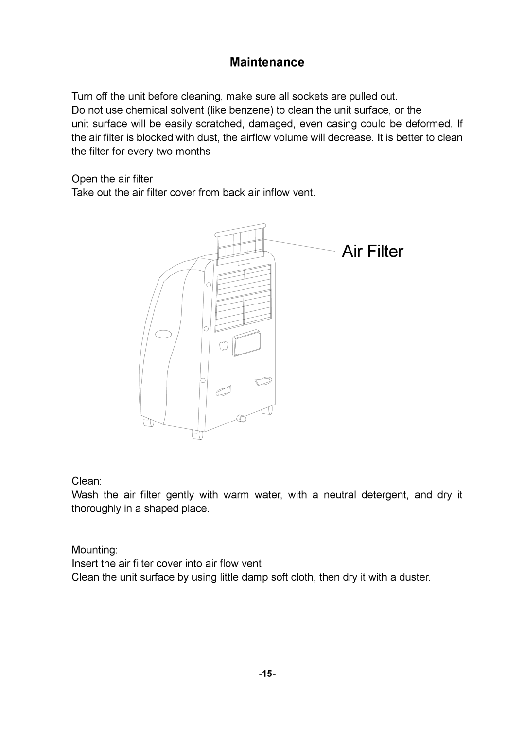 Akai AC-ZP112 manual Air Filter, Maintenance 