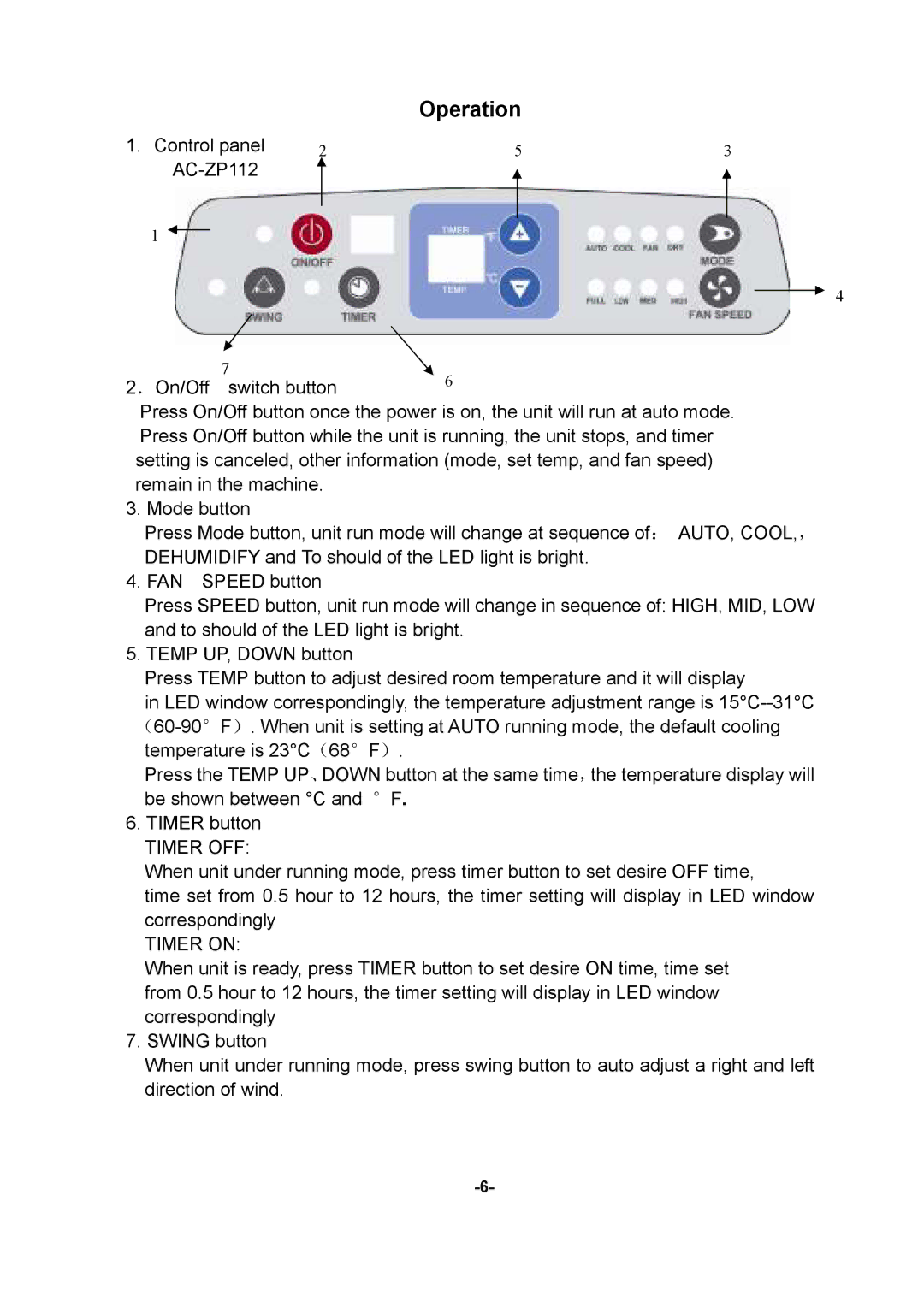 Akai AC-ZP112 manual Operation, Timer OFF 