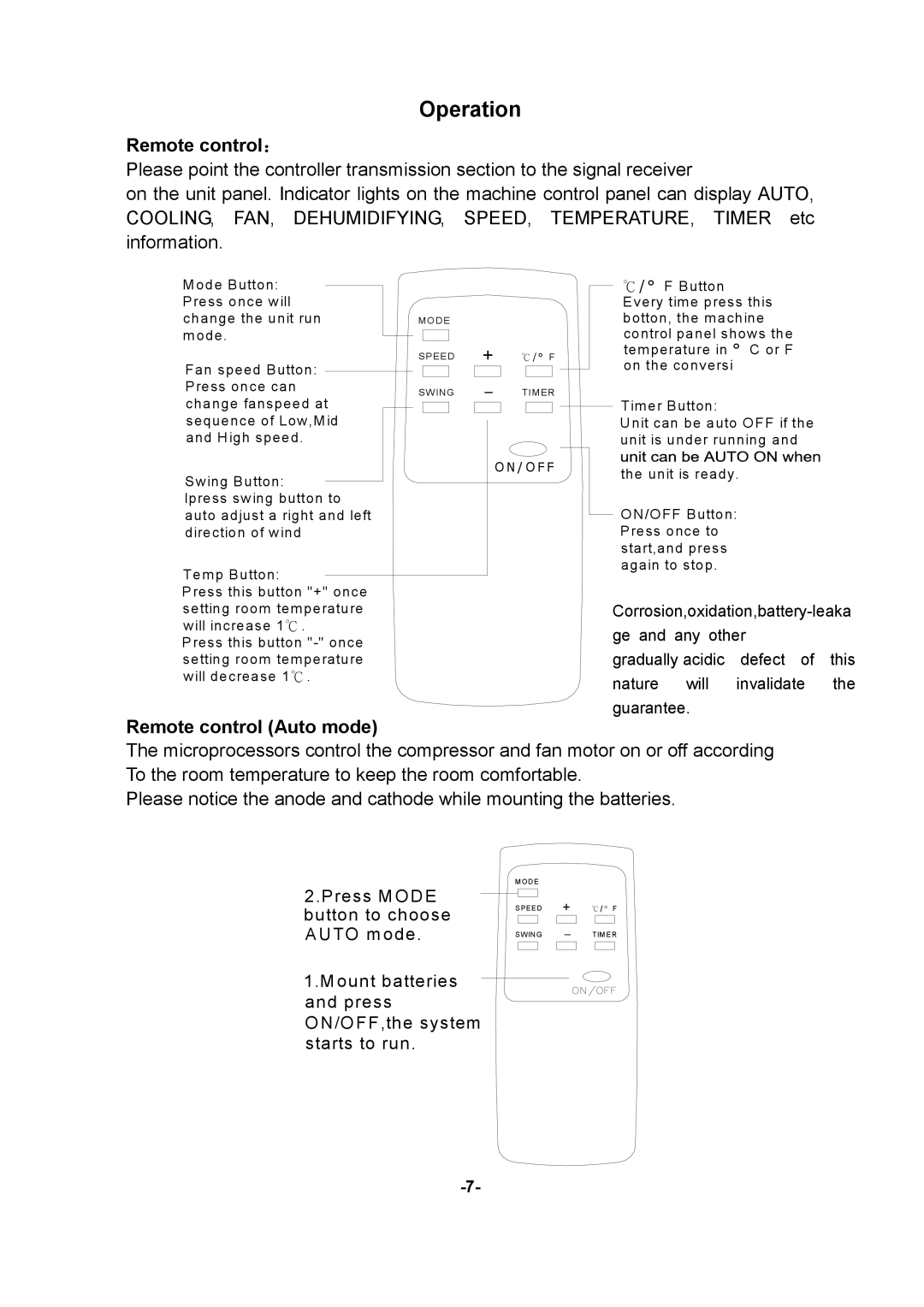 Akai AC-ZP112 manual Mode Button Press once will Change the unit run 