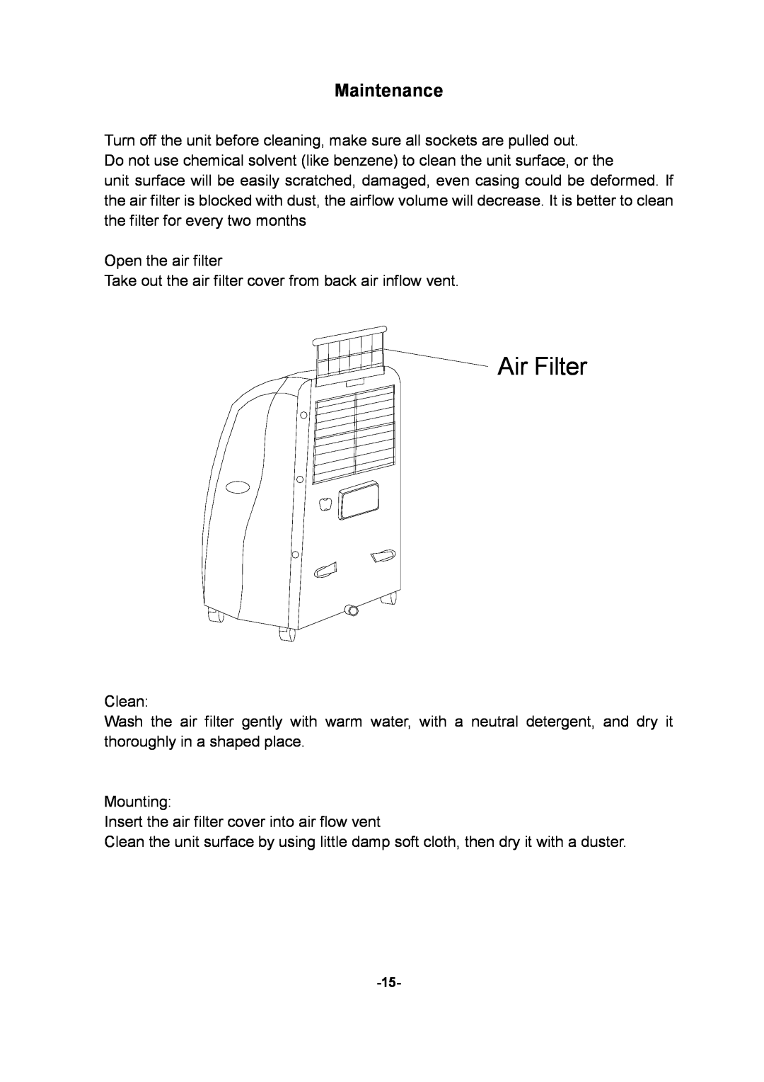 Akai AC-ZP112 manual Maintenance, Air Filter 