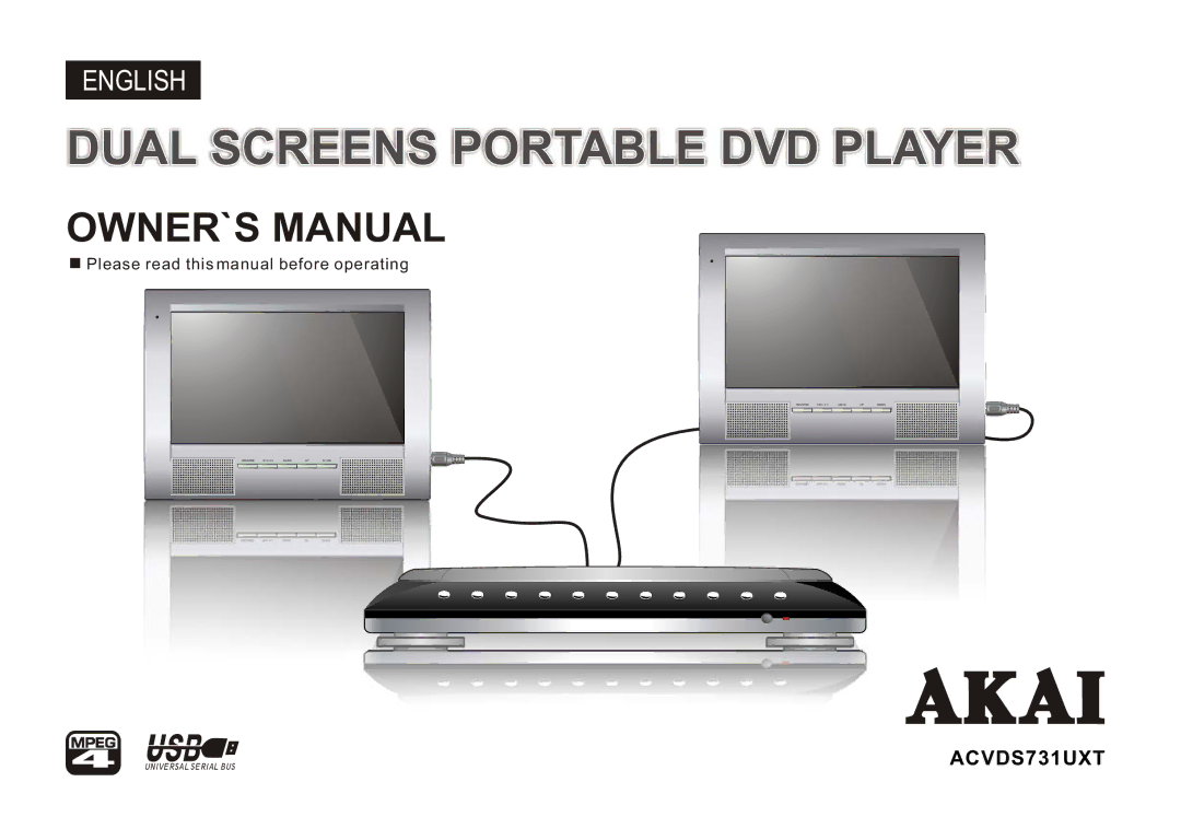 Akai ACVDS731UXT owner manual Dual Screens Portable DVD Player 