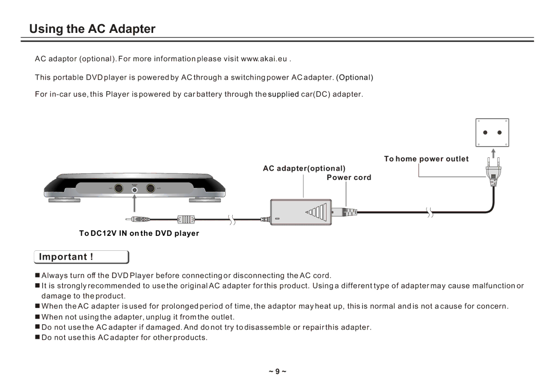 Akai ACVDS731UXT owner manual Using the AC Adapter, To home power outlet AC adapteroptional Power cord, ~ 9 ~ 