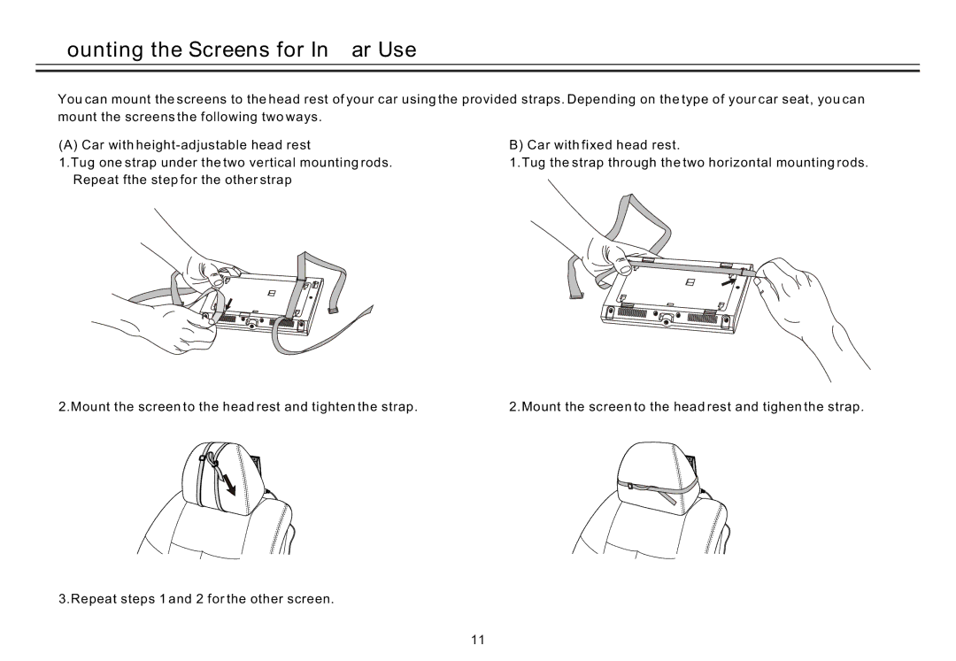 Akai ACVDS731UXT owner manual Mounting the Screens for In-Car Use, ~ 11 ~ 