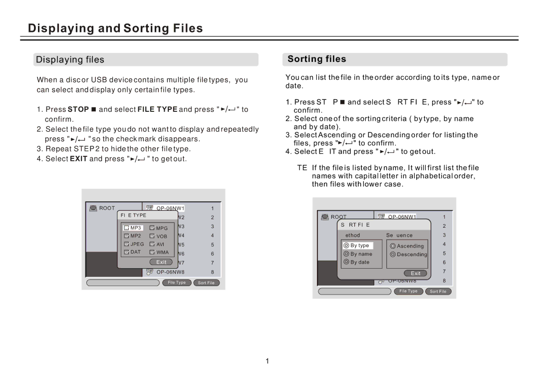 Akai ACVDS731UXT owner manual Displaying and Sorting Files, Displaying files, Sorting files, ~ 17 ~ 