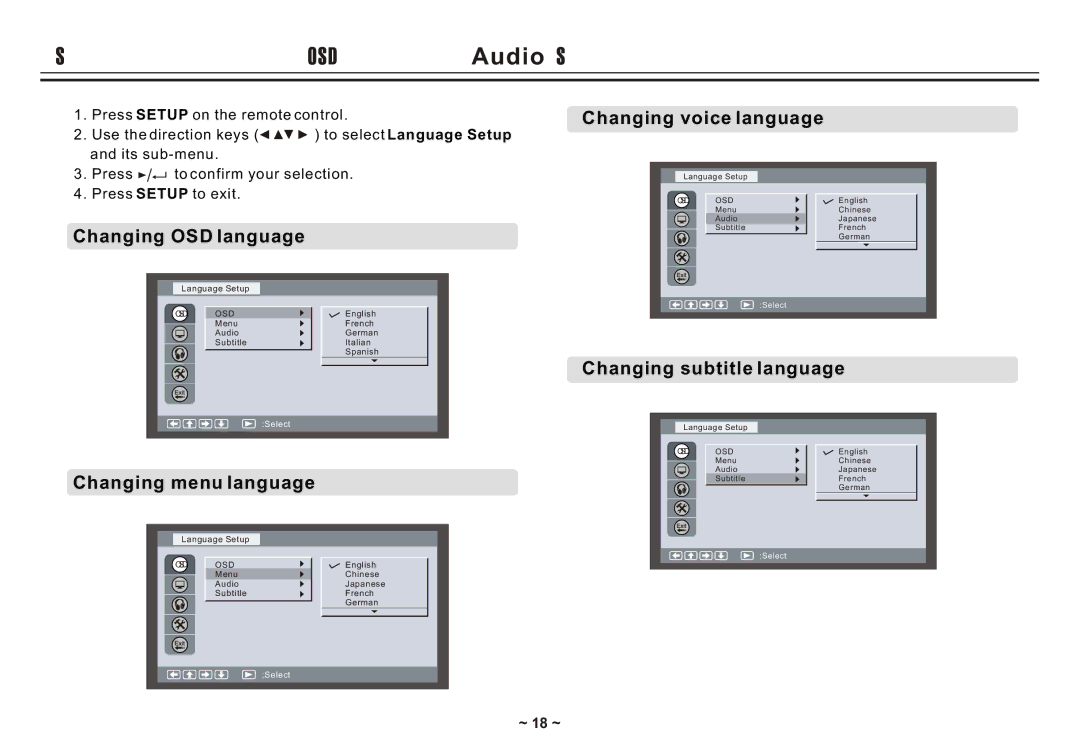 Akai ACVDS731UXT Setting Language for OSD, Menu, Audio, Subtitle, Changing OSD language, Changing menu language 