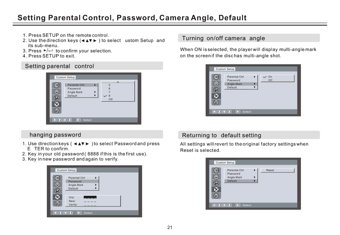 Akai ACVDS731UXT Setting Parental Control, Password, Camera Angle, Default, Setting parental control, Changing password 