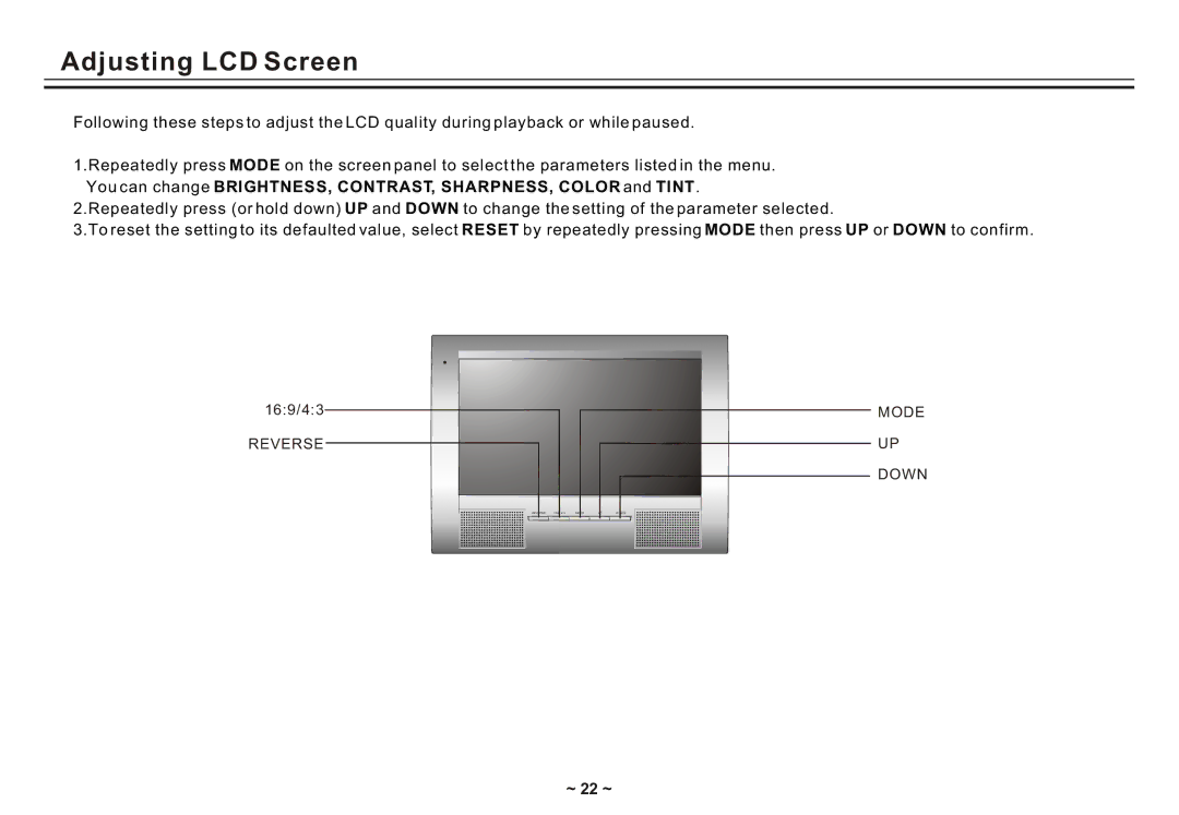 Akai ACVDS731UXT owner manual Adjusting LCD Screen, ~ 22 ~ 